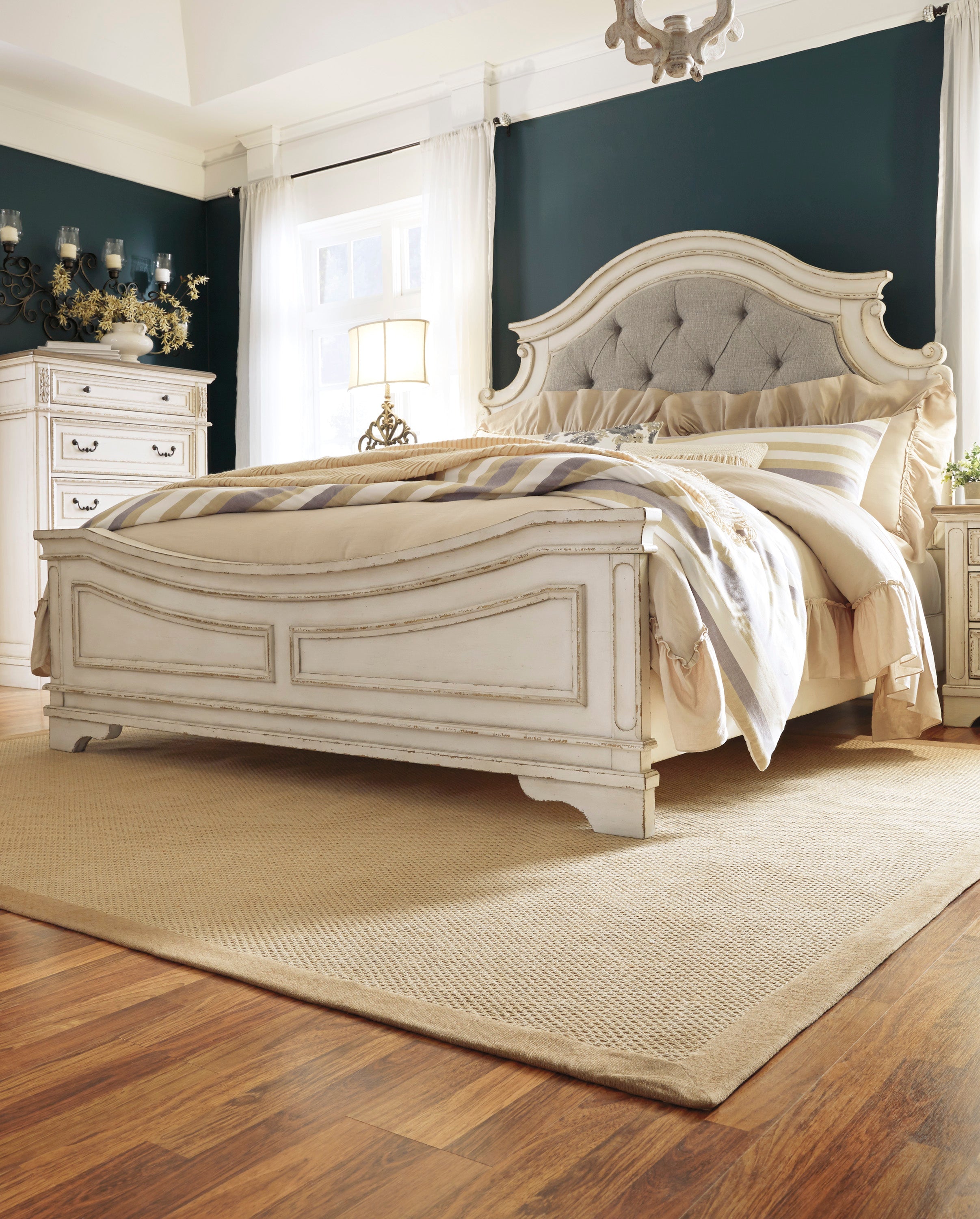 Realyn Chipped White Upholstered Panel Bedroom Set - SET | B743-54 | B743-57 | B743-96 | B743-31 | B743-36 - Bien Home Furniture &amp; Electronics