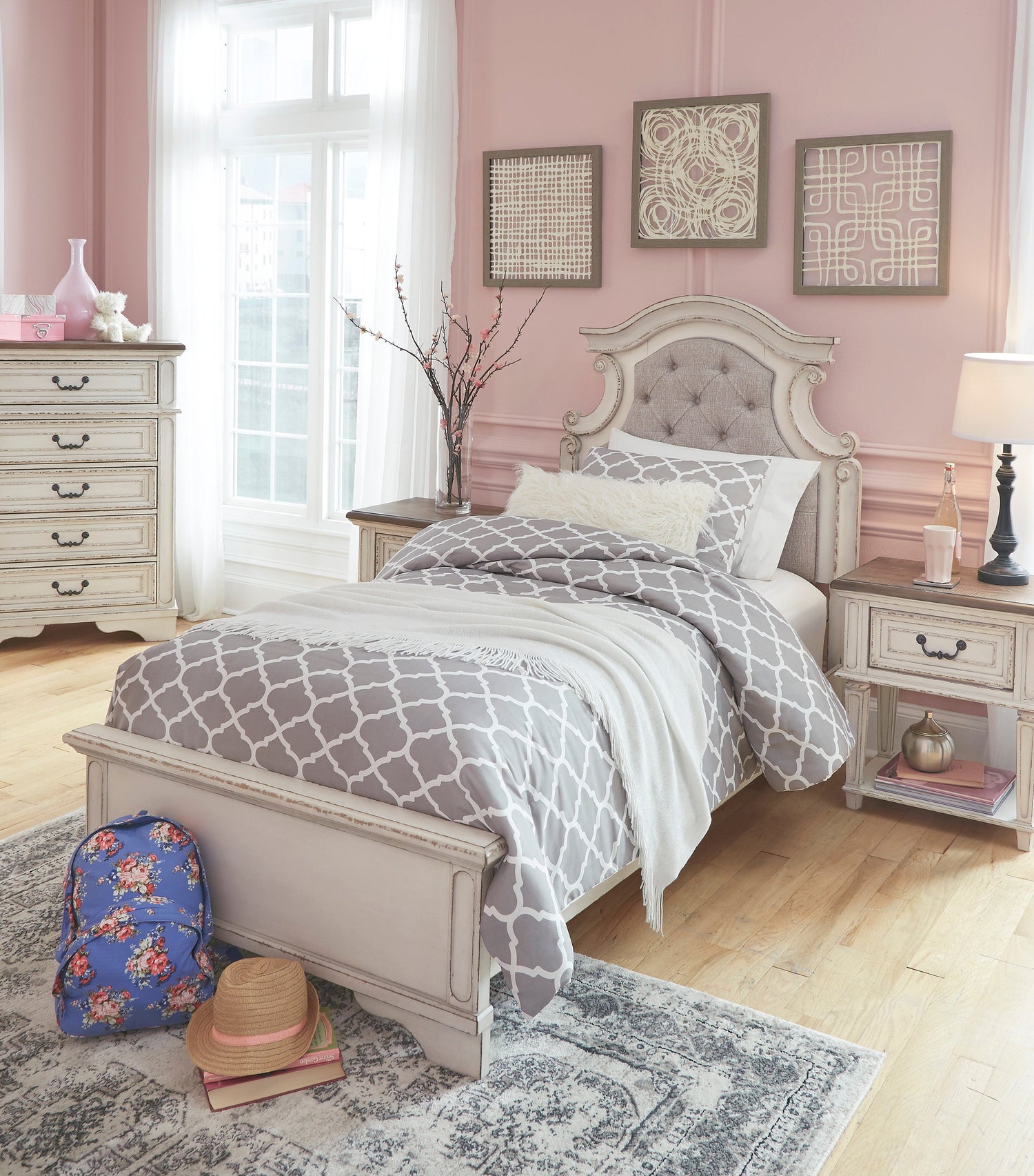 Realyn Chipped White Upholstered Panel Youth Bedroom Set - SET | B743-52 | B743-53 | B743-83 | B743-91 | B743-46 - Bien Home Furniture &amp; Electronics