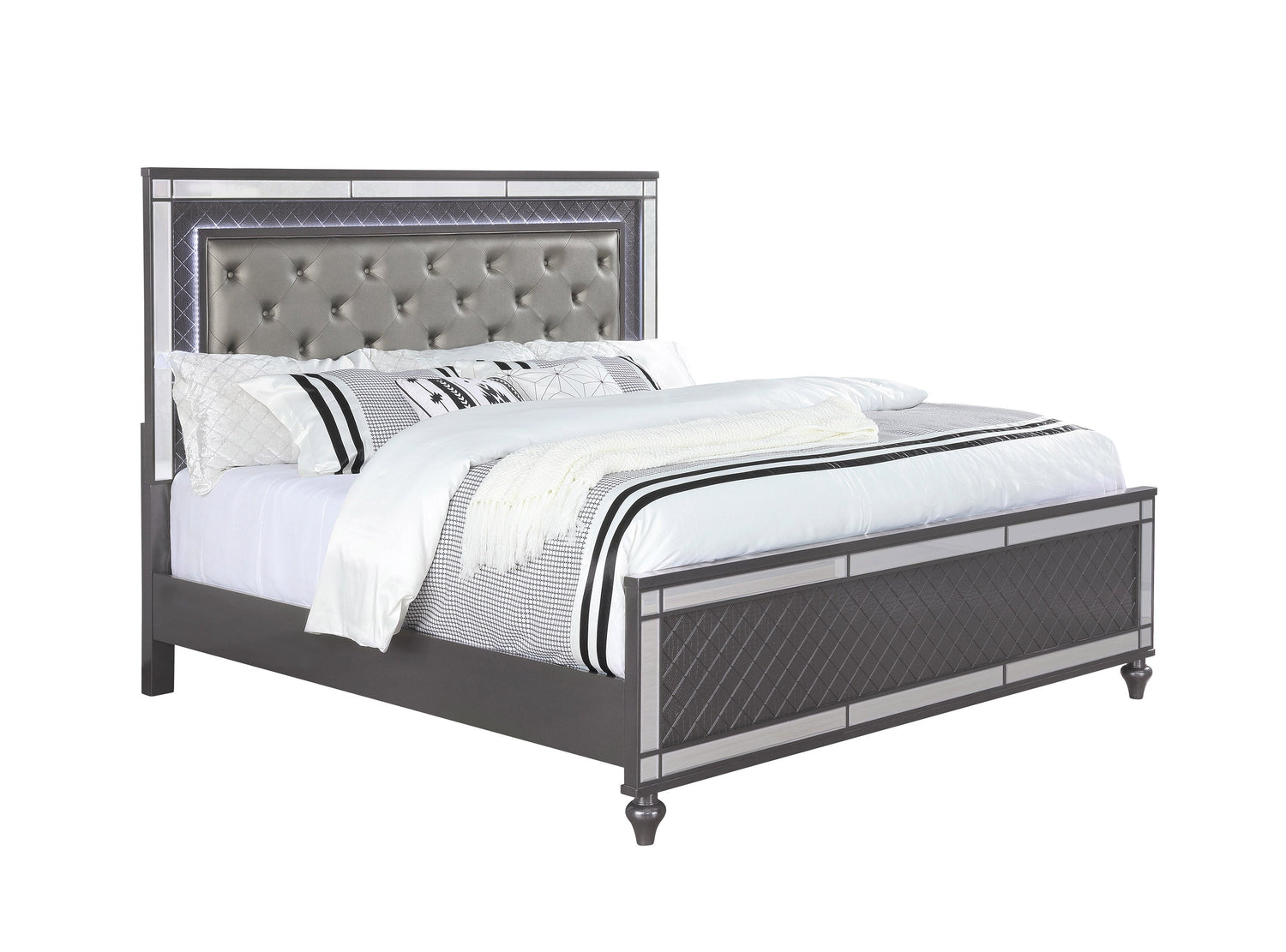 Refino Gray King LED Upholstered Panel Bed - SET | B1670-K-HB | B1670-K-FB | B1670-KQ-RAIL - Bien Home Furniture &amp; Electronics