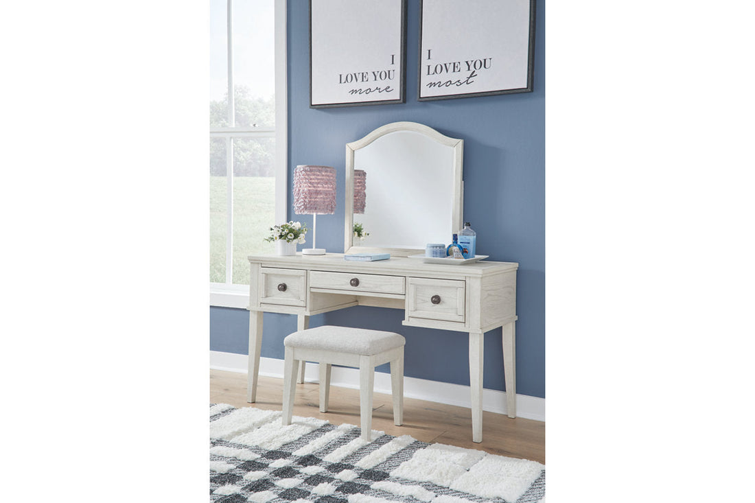 Robbinsdale Antique White Mirrored Vanity with Bench - SET | B742-22 | B742-25 - Bien Home Furniture &amp; Electronics