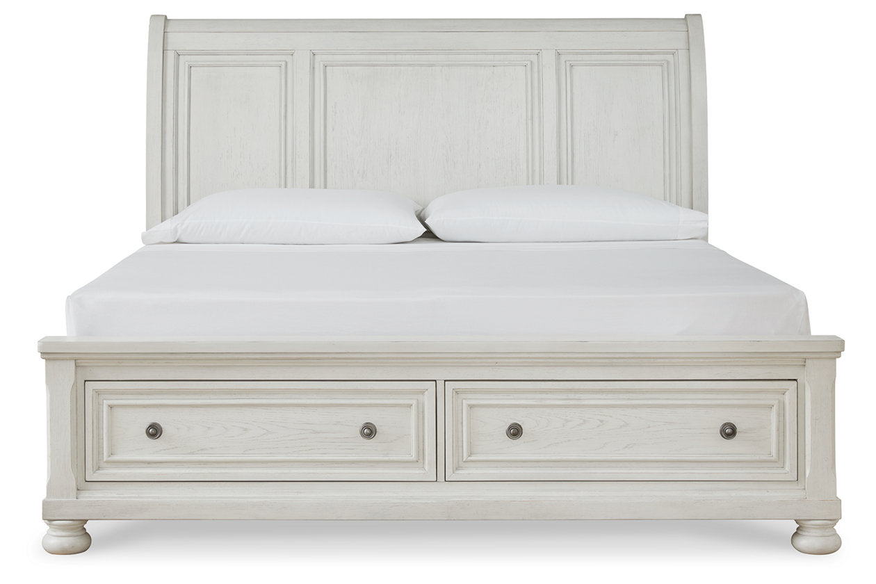 Robbinsdale Antique White Queen Sleigh Bed with Storage - SET | B742-74 | B742-77 | B742-98 - Bien Home Furniture &amp; Electronics