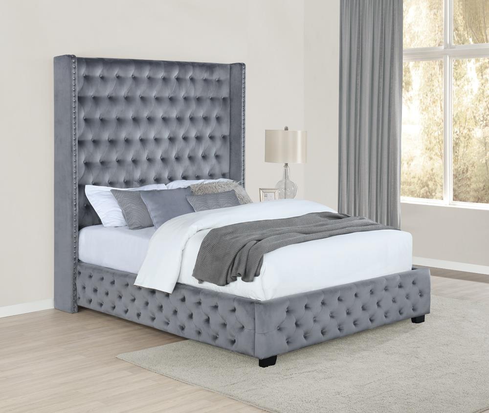 Rocori Eastern King Wingback Tufted Bed Gray - 306075KE - Bien Home Furniture &amp; Electronics