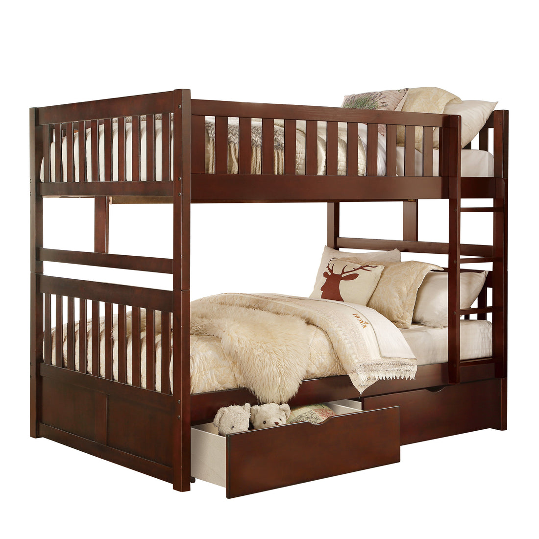 Rowe Dark Cherry Full/Full Bunk Bed with Storage Boxes - SET | B2013FFDC-1 | B2013FFDC-2 | B2013FFDC-SL | B2013DC-T - Bien Home Furniture &amp; Electronics