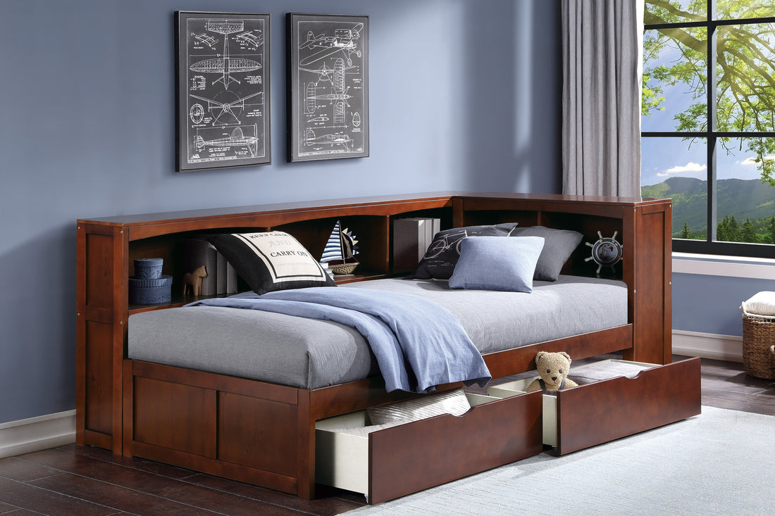 Rowe Dark Cherry Twin Bookcase Corner Bed with Storage Boxes - SET | B2013BCDC-1 | B2013BCDC-2 | B2013BCDC-BC | B2013DC-T - Bien Home Furniture &amp; Electronics