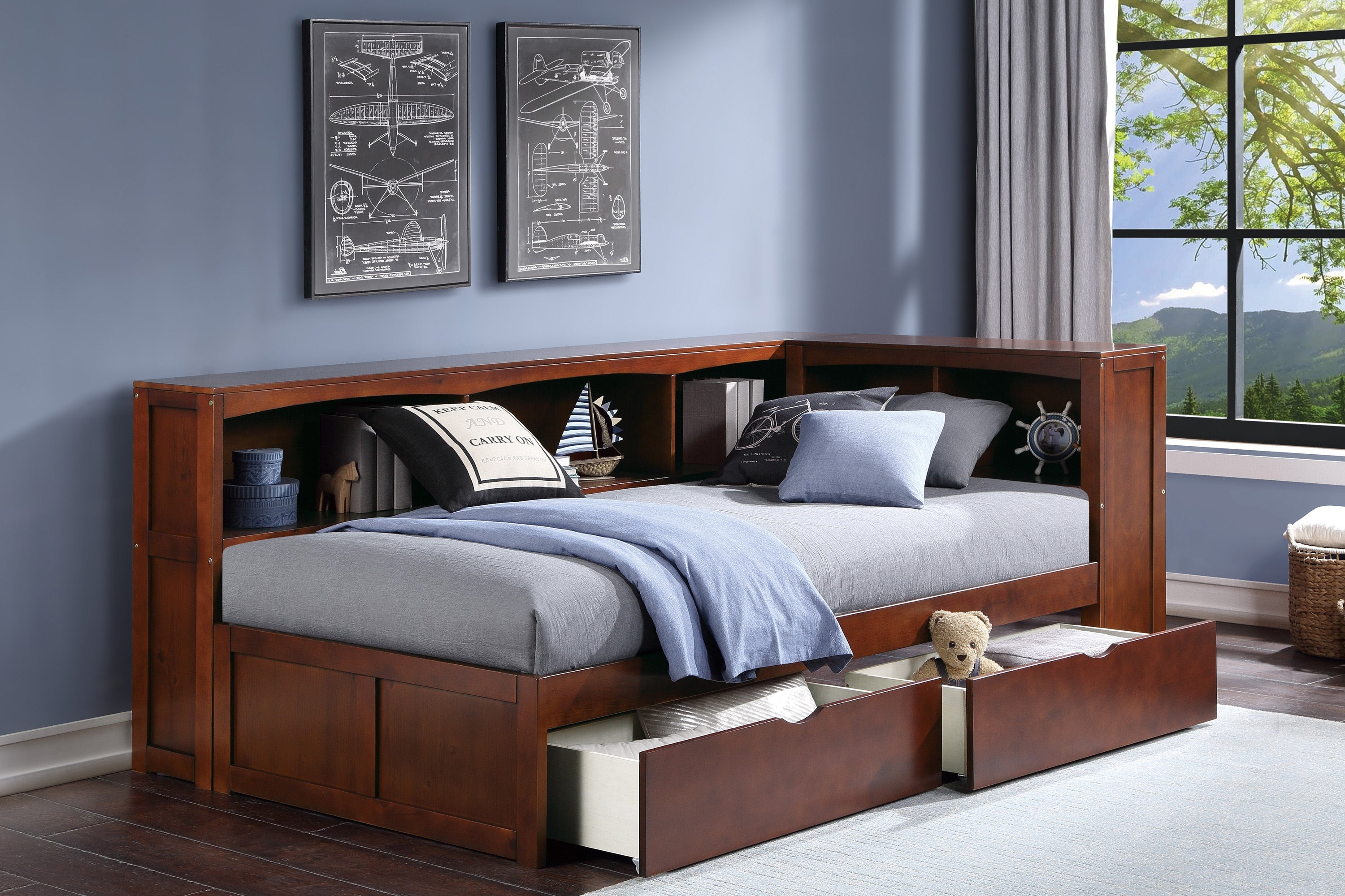 Rowe Dark Cherry Twin Bookcase Corner Bed with Storage Boxes - SET | B2013BCDC-1 | B2013BCDC-2 | B2013BCDC-BC | B2013DC-T - Bien Home Furniture &amp; Electronics