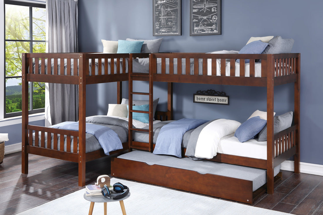 Rowe Dark Cherry Twin Corner Bunk Bed with Twin Trundle - SET | B2013CNDC-1 | B2013CNDC-2 | B2013CNDC-SL | B2013DC-R - Bien Home Furniture &amp; Electronics