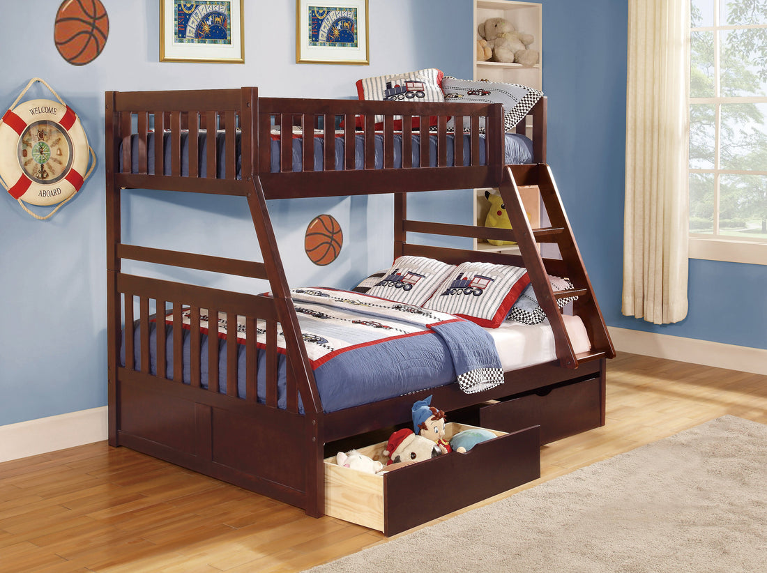Rowe Dark Cherry Twin/Full Bunk Bed with Storage Boxes - SET | B2013TFDC-1 | B2013TFDC-2 | B2013TFDC-SL | B2013DC-T - Bien Home Furniture &amp; Electronics