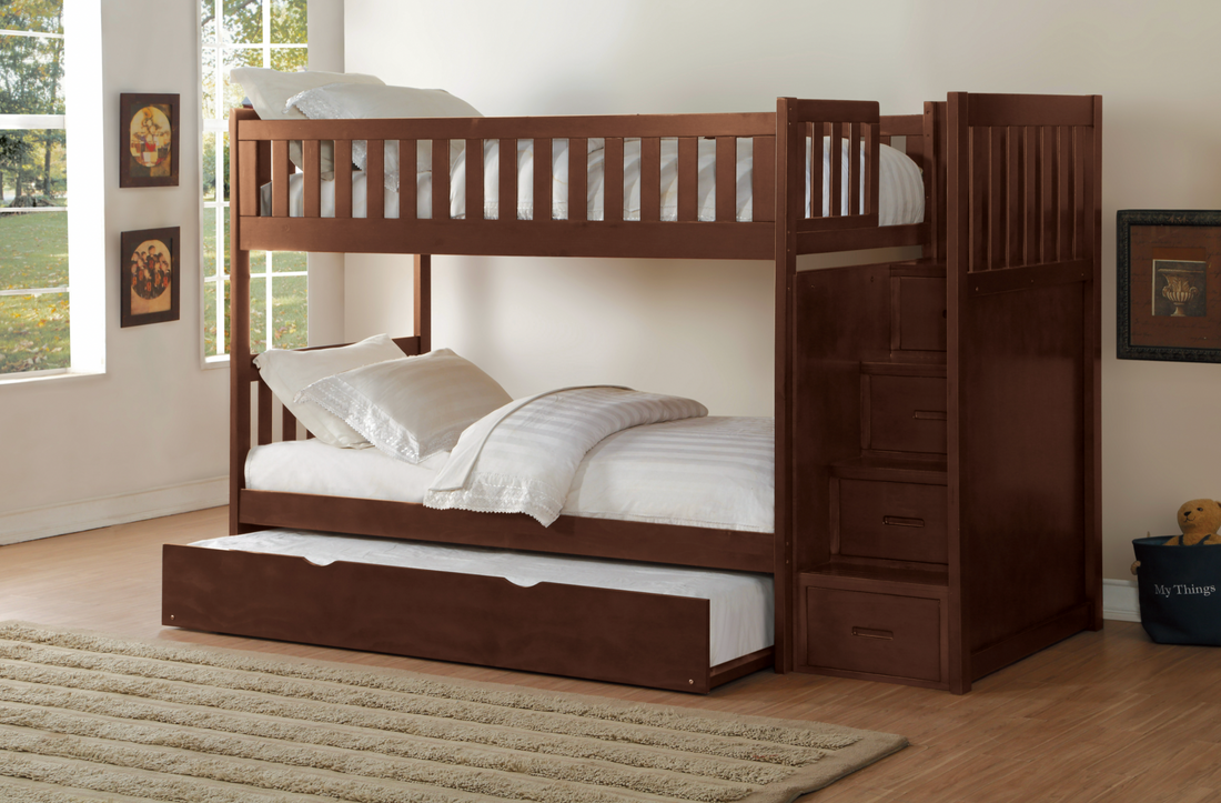 Rowe Dark Cherry Twin/Twin Step Bunk Bed with Twin Trundle - SET | B2013SBDC-1 | B2013SBDC-2 | B2013SBDC-3 | B2013SBDC-SL | B2013DC-R - Bien Home Furniture &amp; Electronics