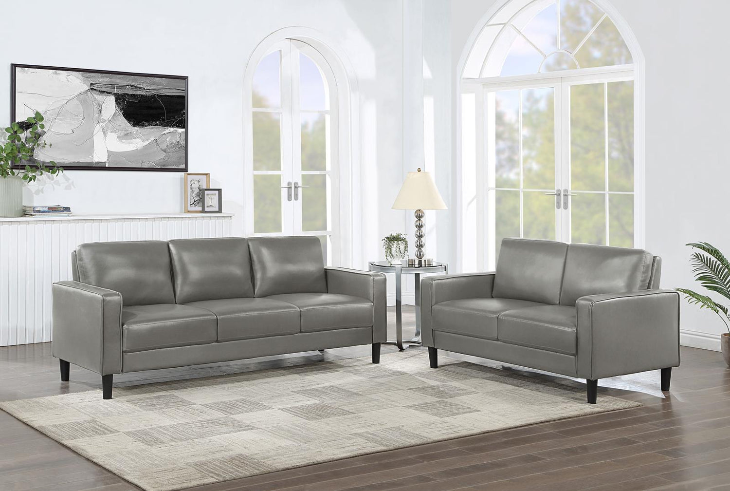 Ruth 2-piece Upholstered Track Arm Faux Leather Sofa Set Grey - 508365-S2 - Bien Home Furniture &amp; Electronics