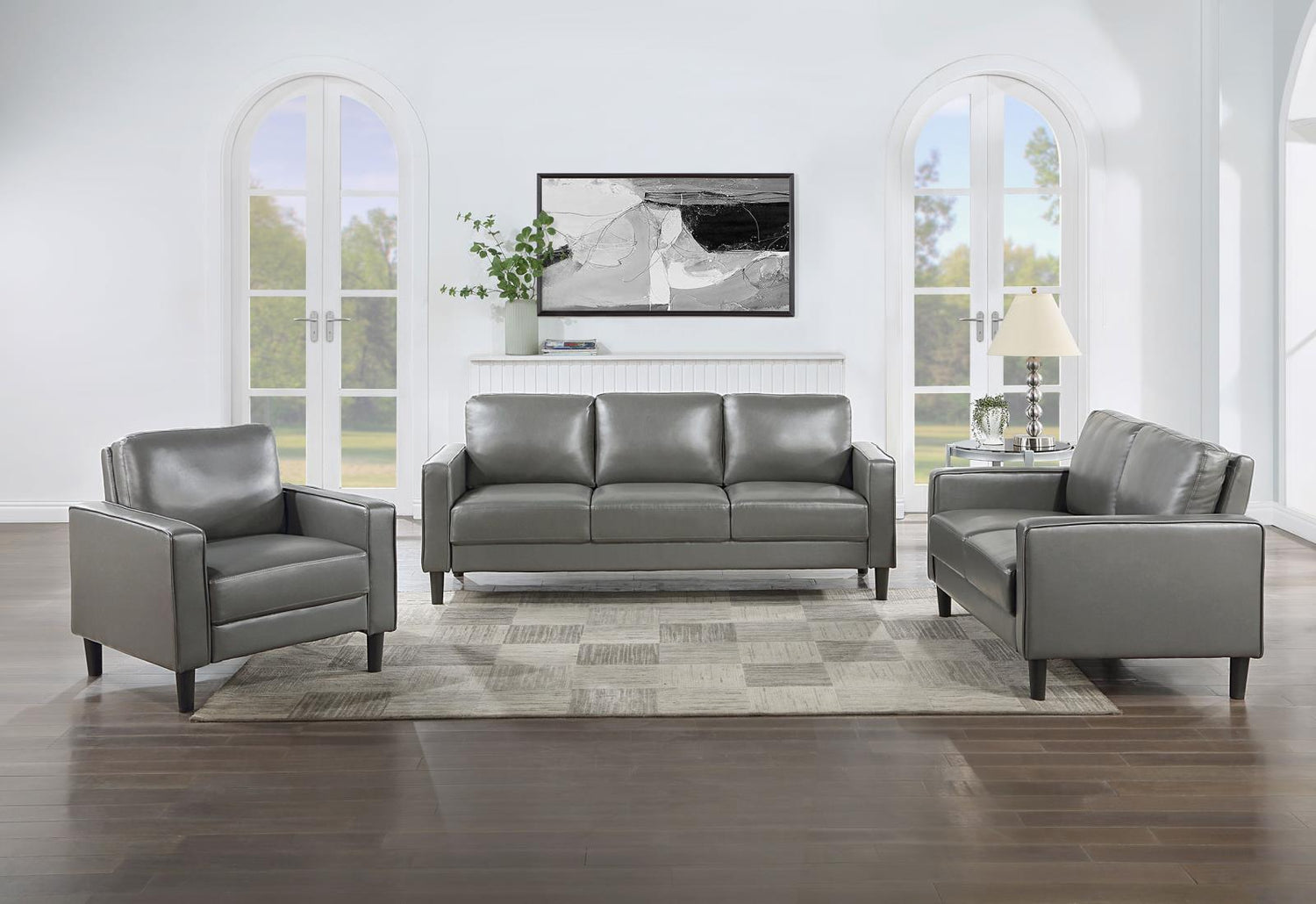 Ruth 3-piece Upholstered Track Arm Faux Leather Sofa Set Grey - 508365-S3 - Bien Home Furniture &amp; Electronics