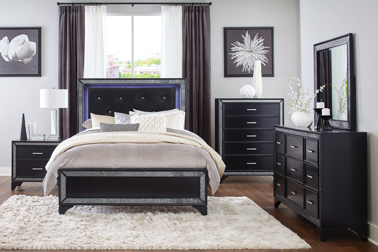 Salon Black King LED Upholstered Panel Bed - SET | 1572BKK-1 | 1572BKK-2 | 1572BK-3 - Bien Home Furniture &amp; Electronics
