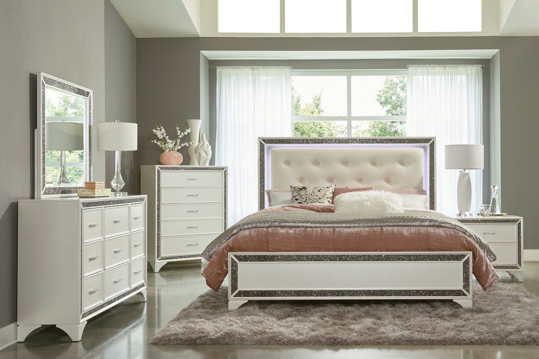 Salon White LED Upholstered Panel Bedroom Set - SET | 1572WK-1 | 1572WK-2 | 1572W-3 | 1572W-5 | 1572W-6 | 1572W-4 | 1572W-9 - Bien Home Furniture &amp; Electronics