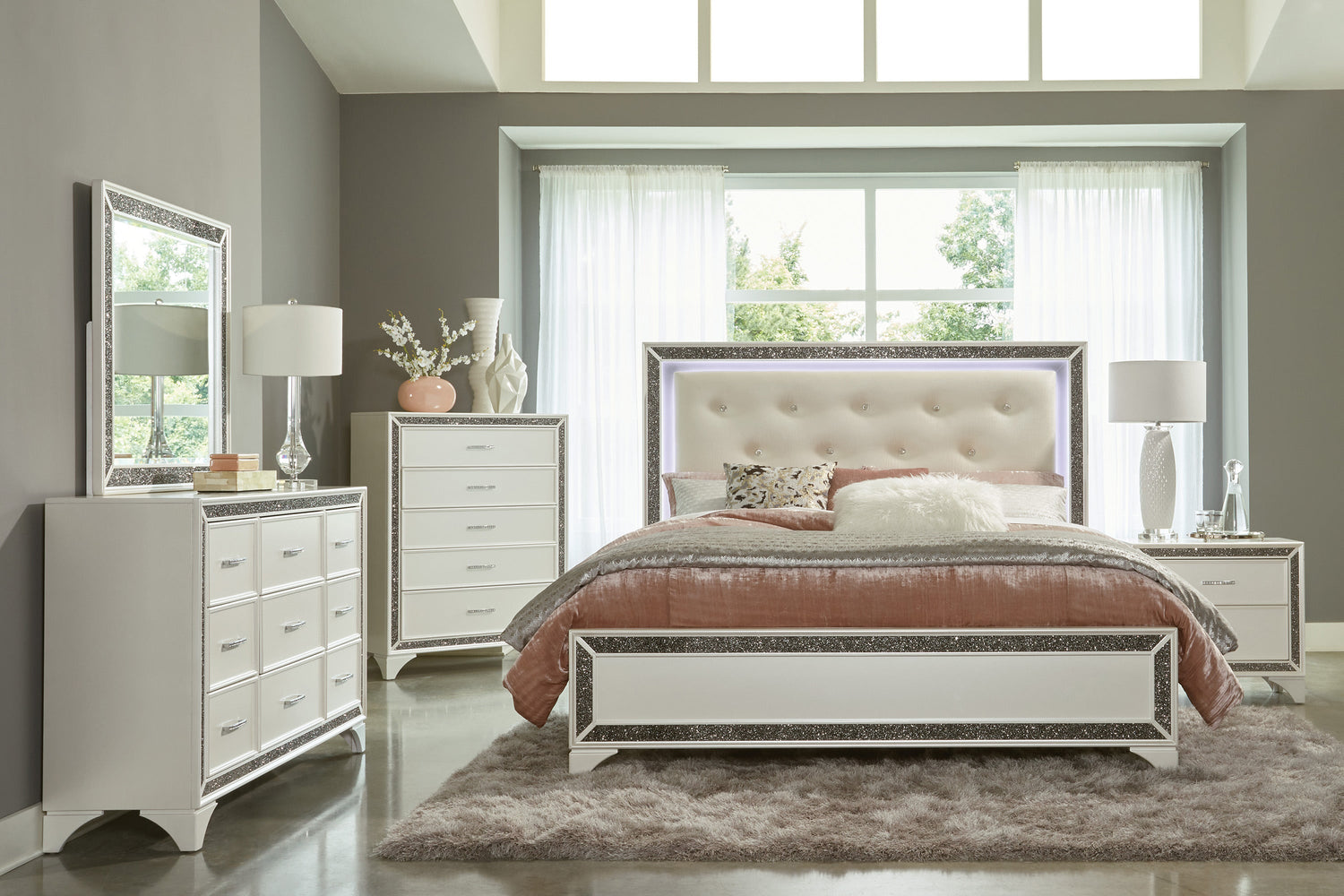 Salon White Queen LED Upholstered Panel Bed - SET | 1572W-1 | 1572W-2 | 1572W-3 - Bien Home Furniture &amp; Electronics