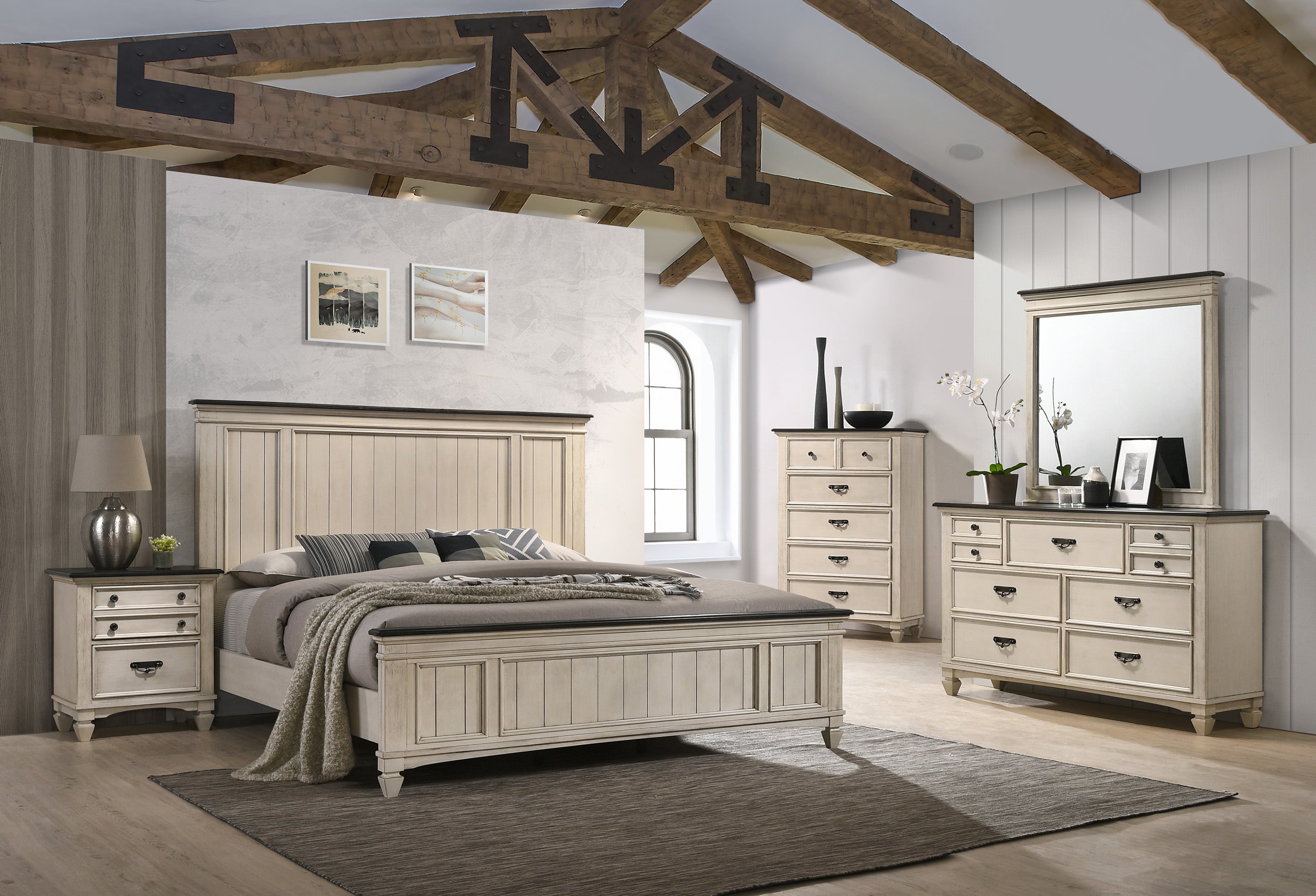 Sawyer Cream/Brown Queen Panel Bed - SET | B9100-Q-HBFB | B9100-KQ-RAIL - Bien Home Furniture &amp; Electronics