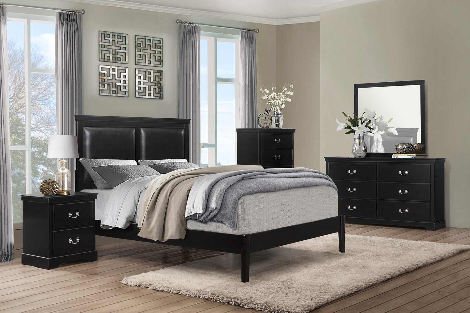 Seabright Black Queen Panel Bed - SET | 1519BK-1 | 1519BK-3 - Bien Home Furniture &amp; Electronics