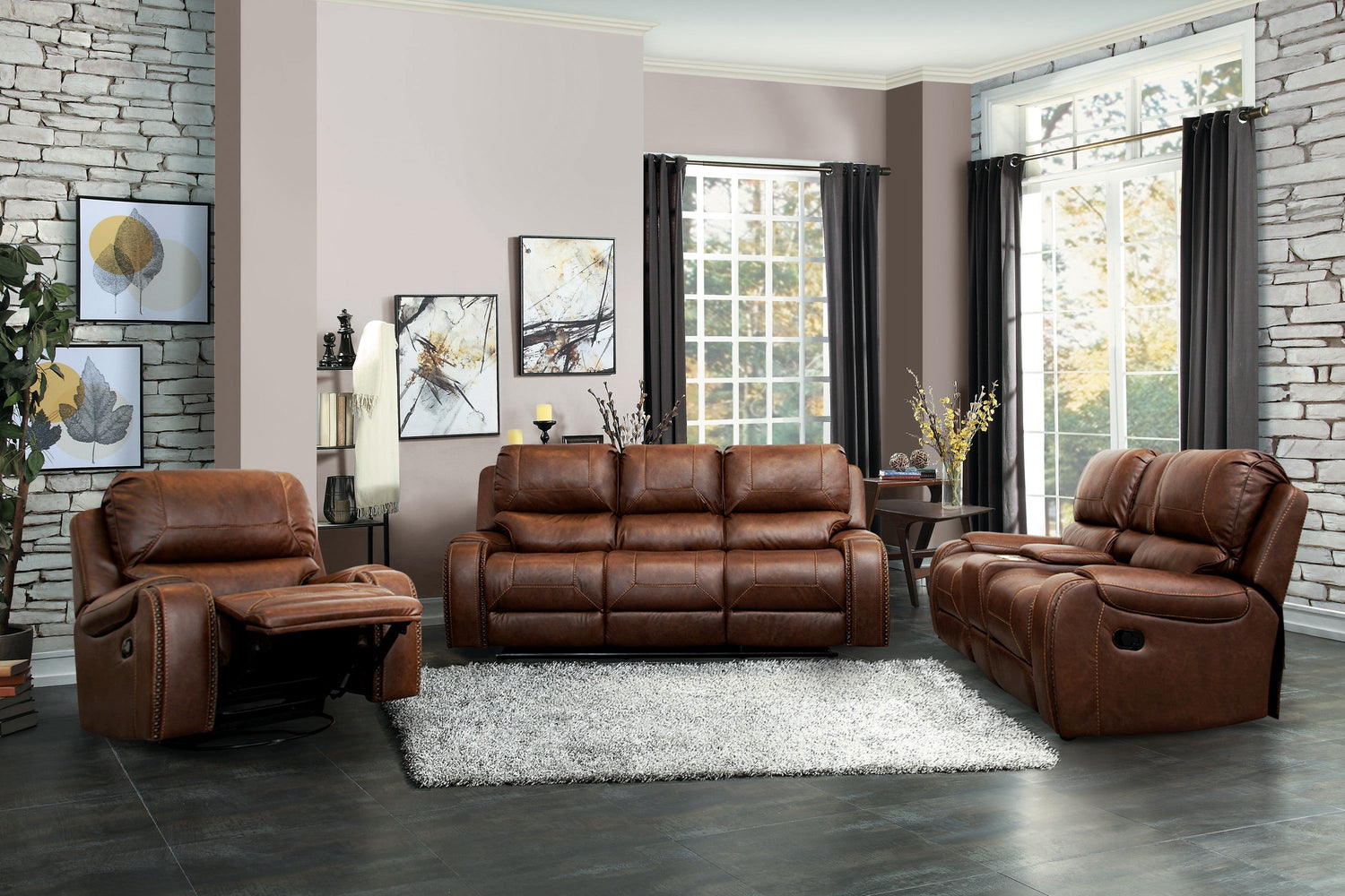SH3215BRW-3 DOUBLE RECLINING SOFA W/DROP-DOWN CUP HOLDERS - SH3215BRW-3 - Bien Home Furniture &amp; Electronics