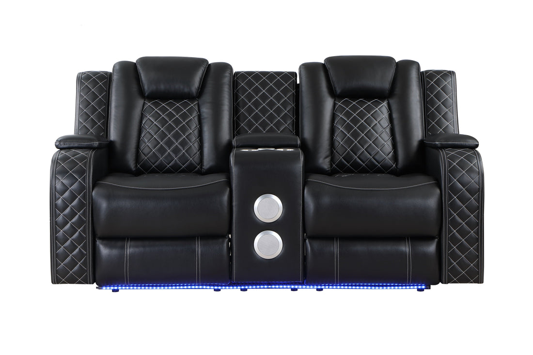 SH8895BLK-2 PW D. RECLN LOVESEAT W/ CONSOLE, PW HEADRESTS, LED LIGHT/SPEAKERS - SH8895BLK-2 - Bien Home Furniture &amp; Electronics