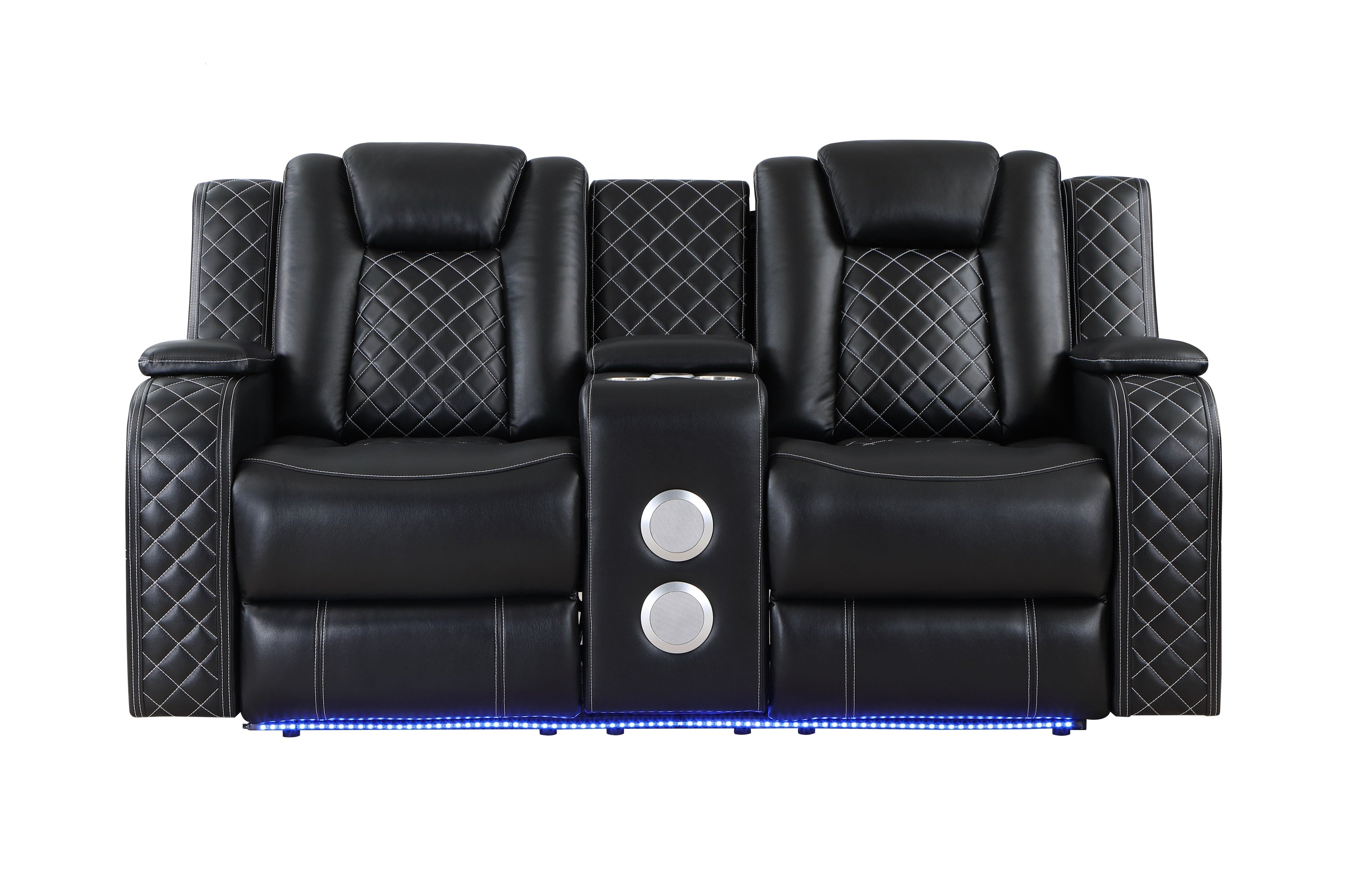 SH8895BLK-2 PW D. RECLN LOVESEAT W/ CONSOLE, PW HEADRESTS, LED LIGHT/SPEAKERS - SH8895BLK-2 - Bien Home Furniture &amp; Electronics