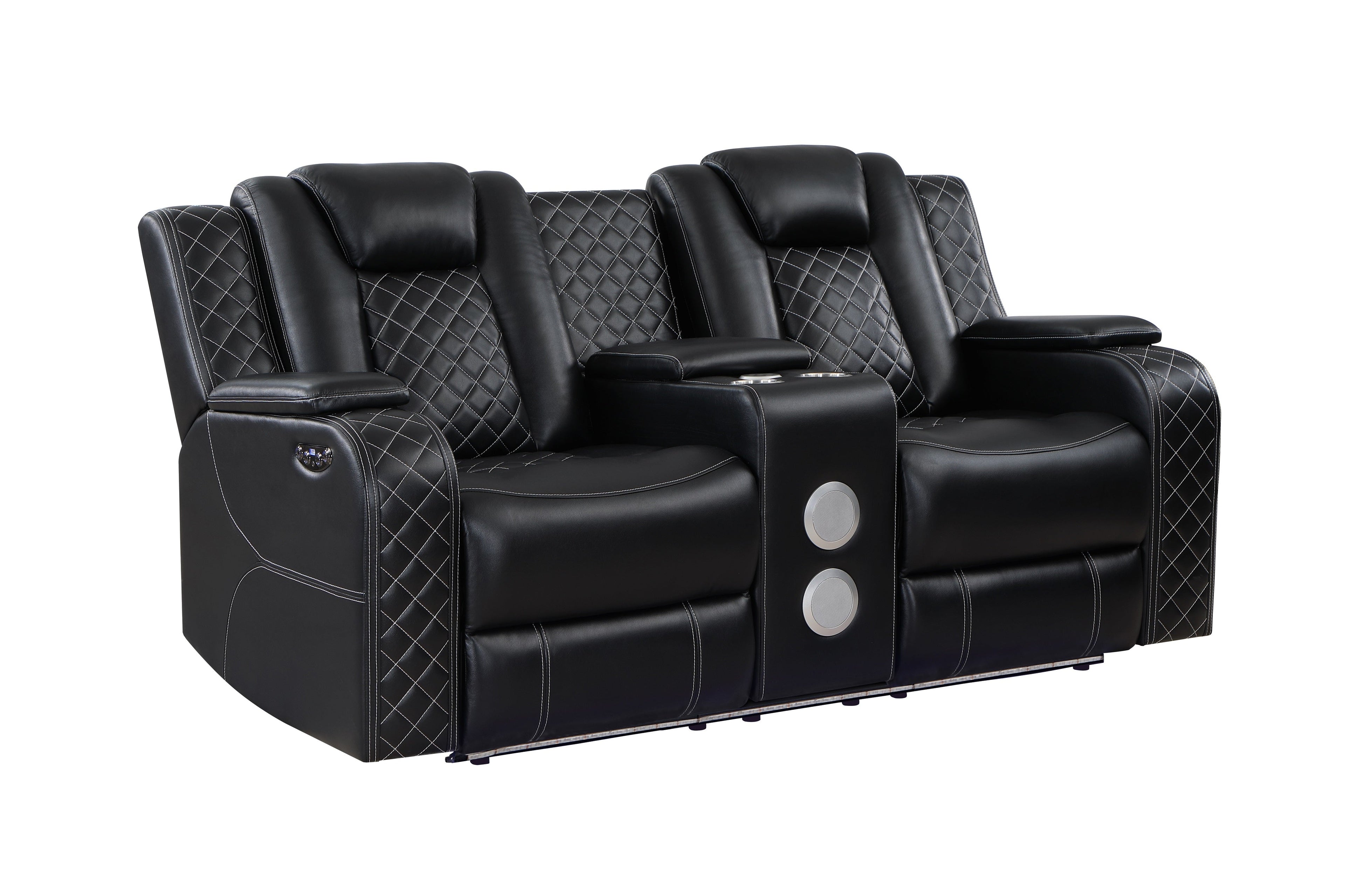 SH8895BLK-2 PW D. RECLN LOVESEAT W/ CONSOLE, PW HEADRESTS, LED LIGHT/SPEAKERS - SH8895BLK-2 - Bien Home Furniture &amp; Electronics