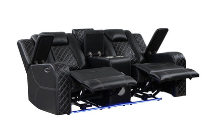 SH8895BLK-2 PW D. RECLN LOVESEAT W/ CONSOLE, PW HEADRESTS, LED LIGHT/SPEAKERS - SH8895BLK-2 - Bien Home Furniture &amp; Electronics