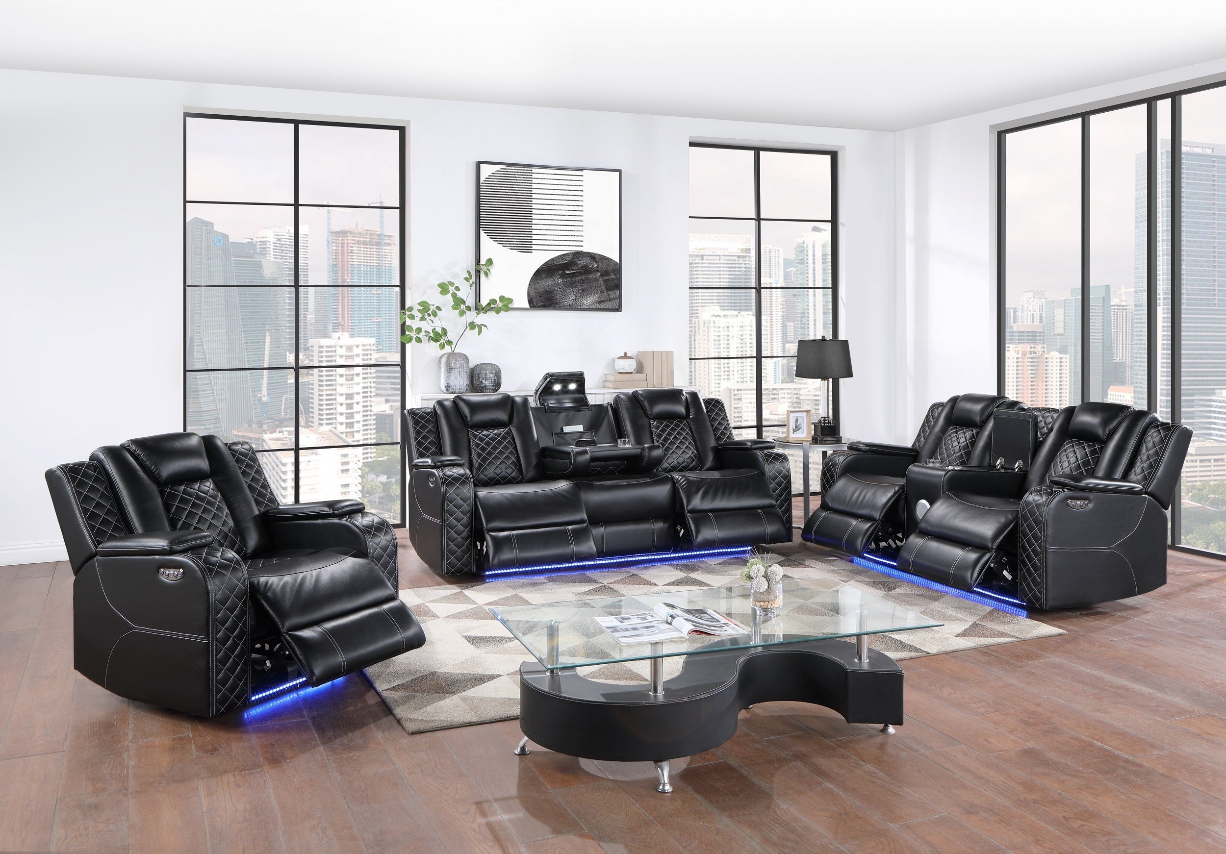 SH8895BLK-3 PW D. RECLN SOFA W/ CONSOLE, PW HEADRESTS, LED LIGHT/SPEAKERS - SH8895BLK-3 - Bien Home Furniture &amp; Electronics