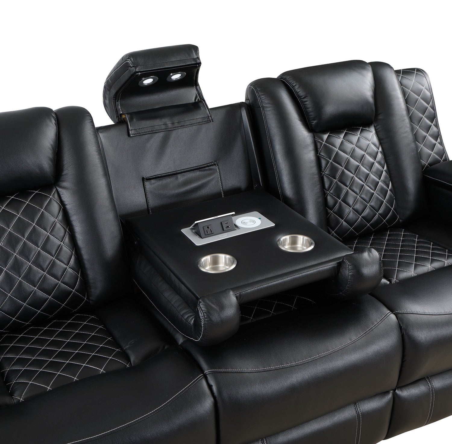 SH8895BLK-3 PW D. RECLN SOFA W/ CONSOLE, PW HEADRESTS, LED LIGHT/SPEAKERS - SH8895BLK-3 - Bien Home Furniture &amp; Electronics