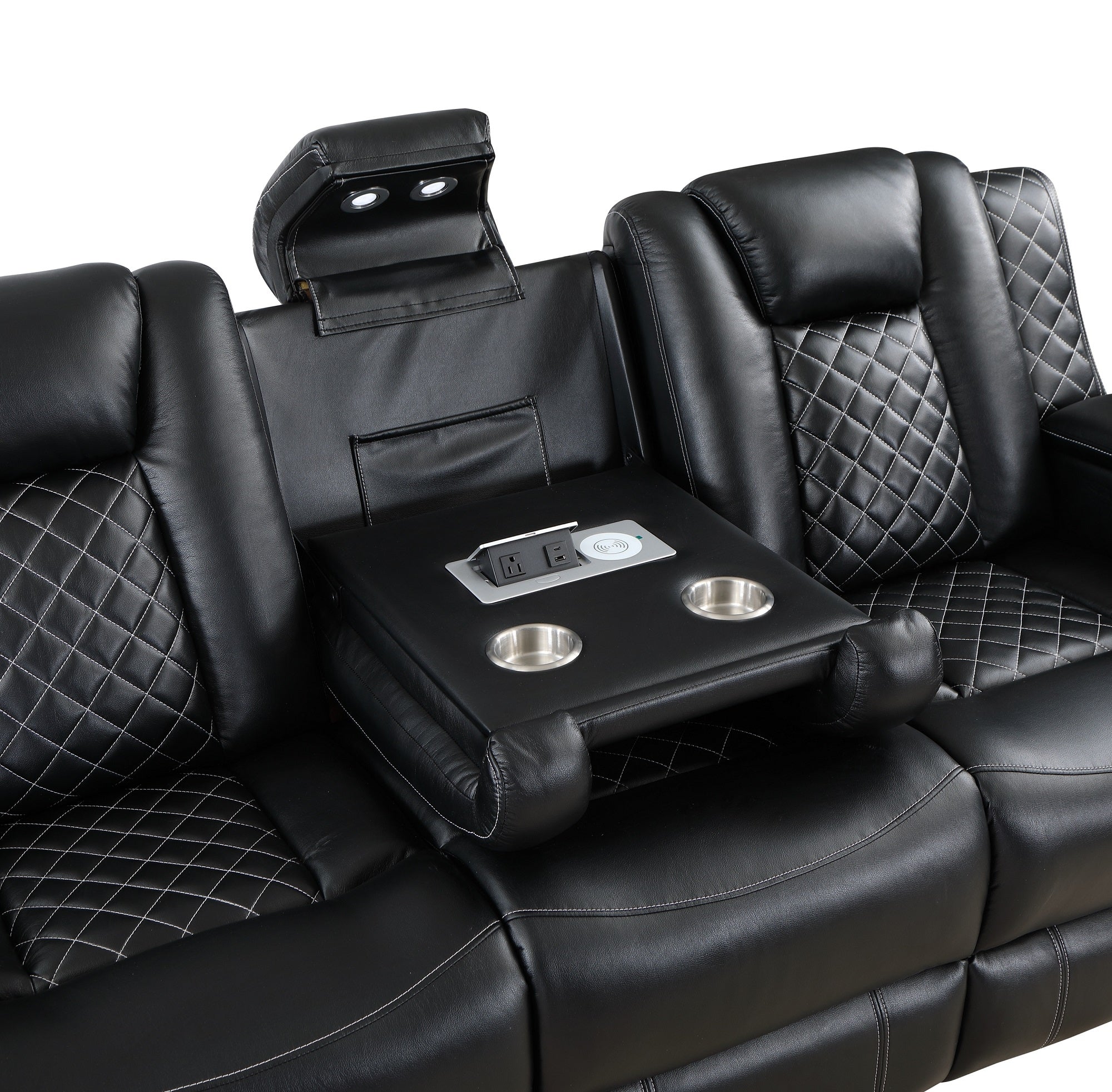 SH8895BLK-3 PW D. RECLN SOFA W/ CONSOLE, PW HEADRESTS, LED LIGHT/SPEAKERS - SH8895BLK-3 - Bien Home Furniture &amp; Electronics