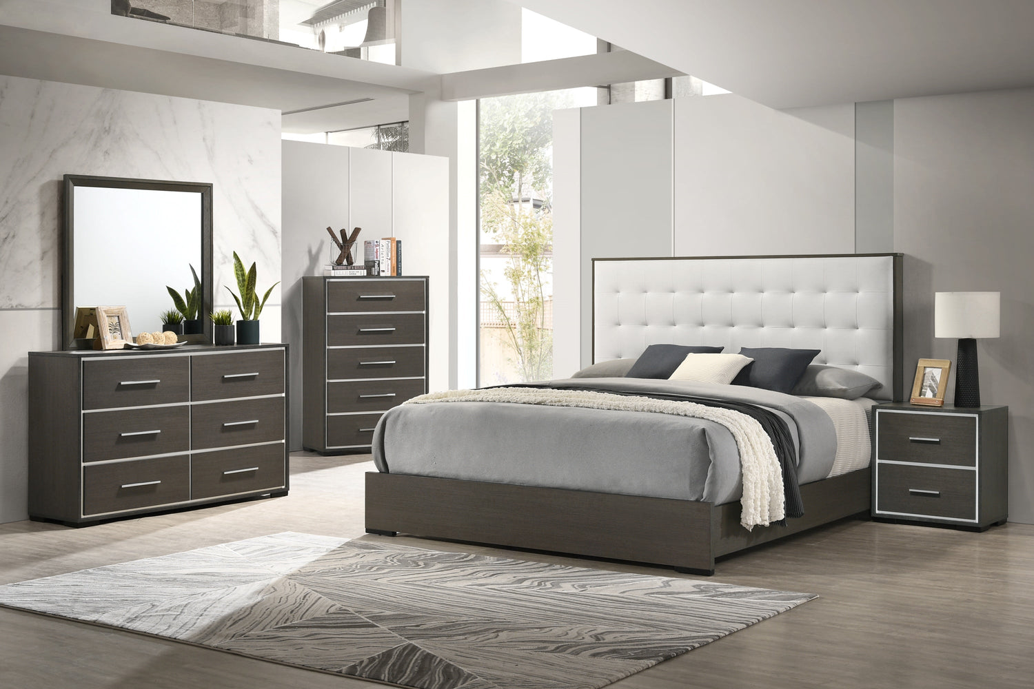 Sharpe Brown Upholstered Panel Bedroom Set - SET | B4100-Q-HB | B4100-Q-FB | B4100-KQ-RAIL | B4100-2 | B4100-4 - Bien Home Furniture &amp; Electronics