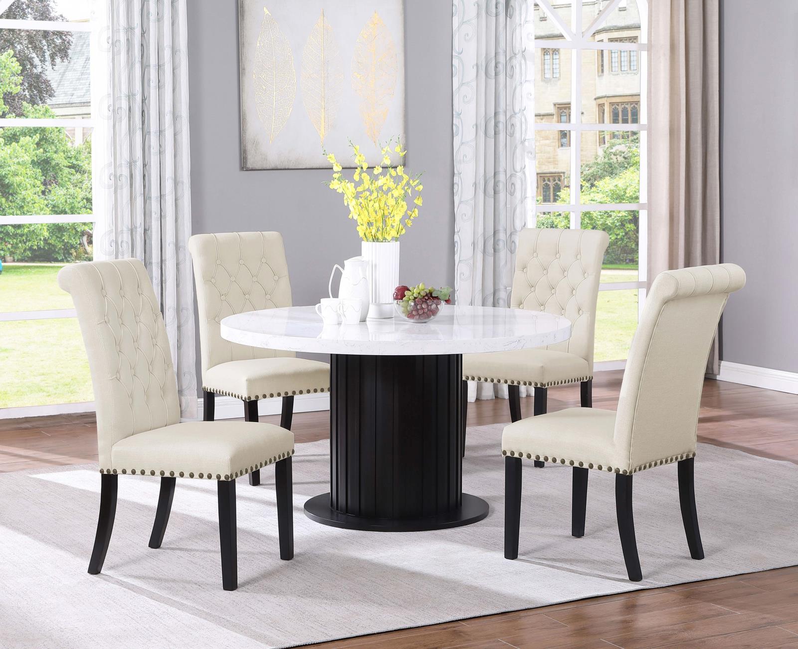 Sherry 5-Piece Round Dining Set with Beige Fabric Chairs - 115490-S5 - Bien Home Furniture &amp; Electronics