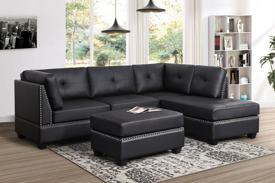 Sienna Black Faux Leather Sectional with Ottoman - SIENNA - BLK - Bien Home Furniture &amp; Electronics