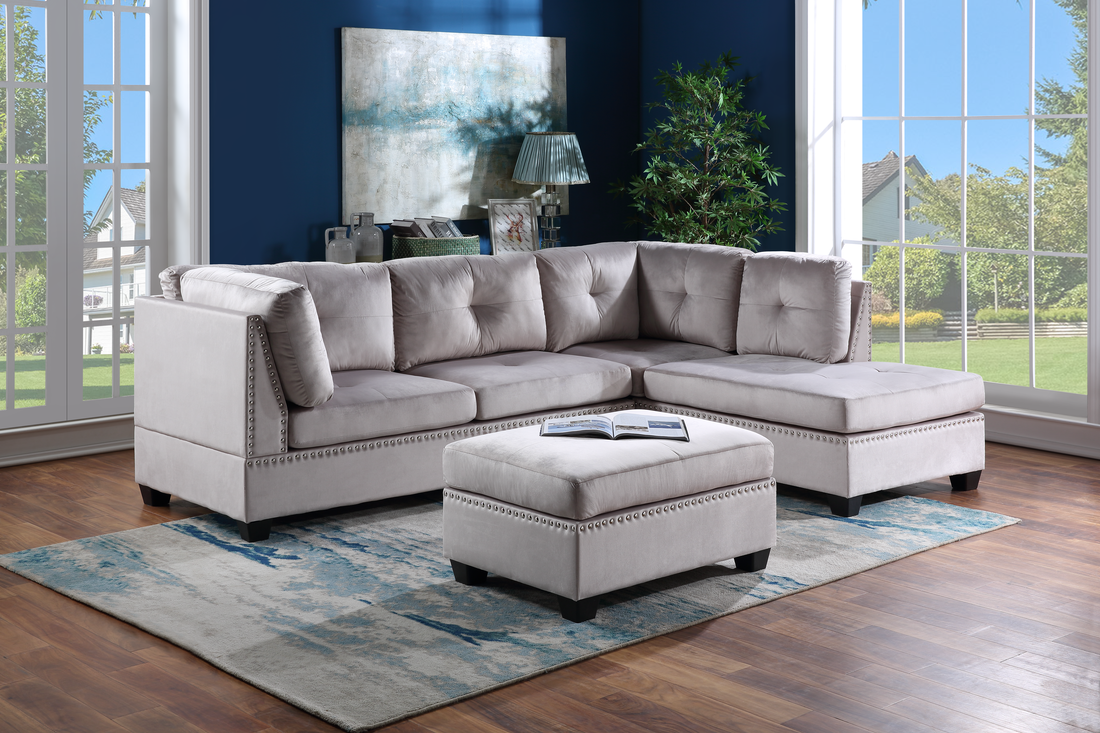 Sienna Silver Velvet Sectional with Ottoman - Sienna - Silver - Bien Home Furniture &amp; Electronics