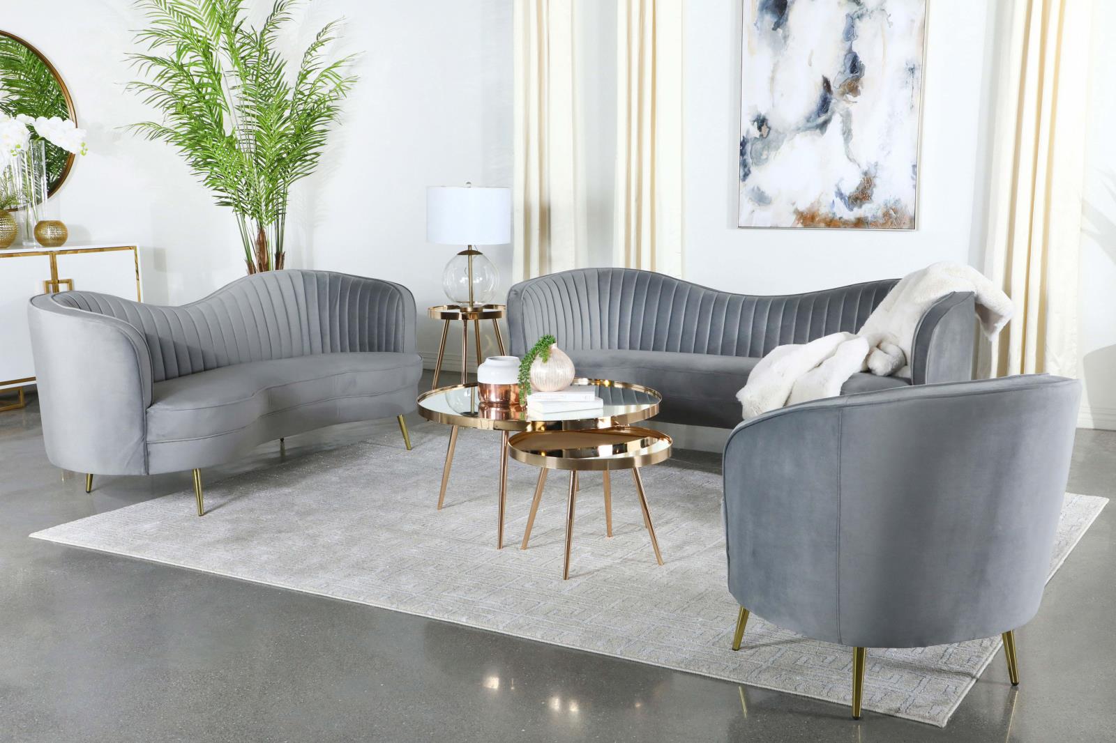 Sophia Upholstered Loveseat with Camel Back Gray/Gold - 506865 - Bien Home Furniture &amp; Electronics