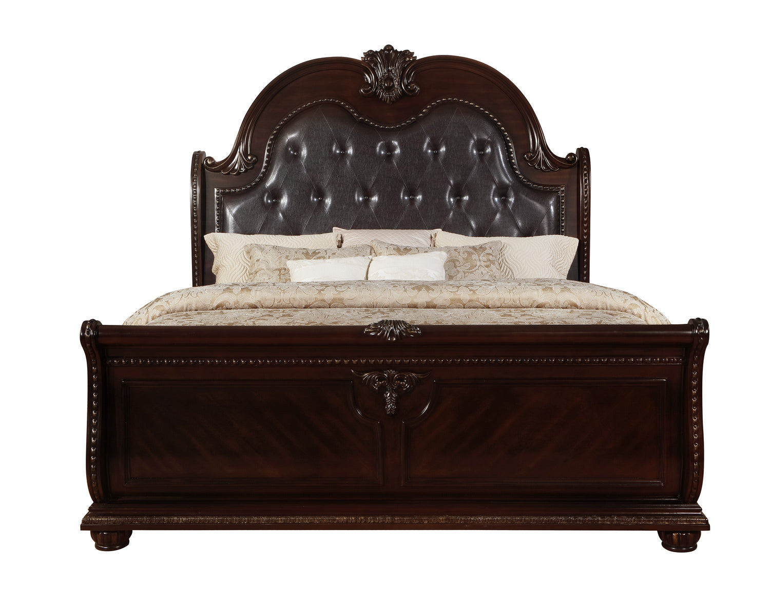 Stanley Cherry Brown Queen Upholstered Sleigh Bed - SET | B1600-Q-HB | B1600-Q-FB | B1600-KQ-HBLEG | B1600-KQ-RAIL - Bien Home Furniture &amp; Electronics