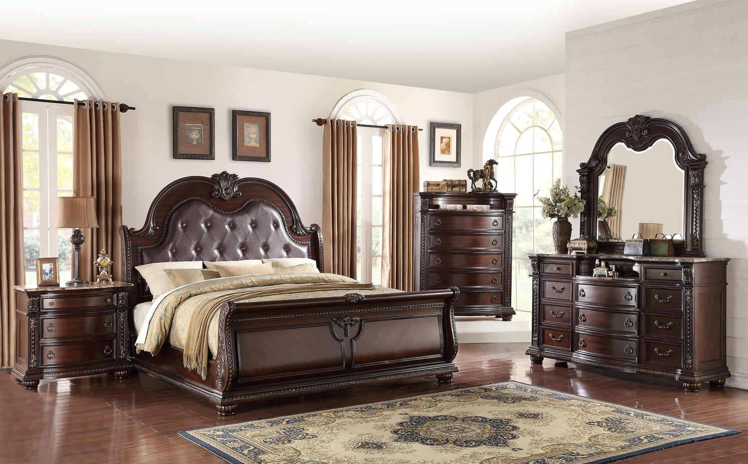 Stanley Cherry Brown Upholstered Sleigh Bedroom Set - SET | B1600-Q-HB | B1600-Q-FB | B1600-KQ-HBLEG | B1600-KQ-RAIL | B1600-1 | B1600-2 - Bien Home Furniture &amp; Electronics