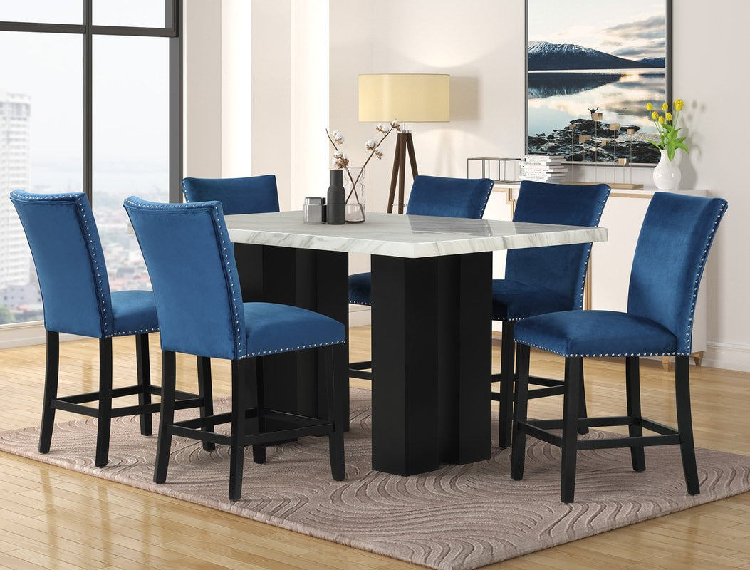 Stockholm Blue 7-Piece Faux Marble Counter Height Set - 2220 Blue - Bien Home Furniture &amp; Electronics