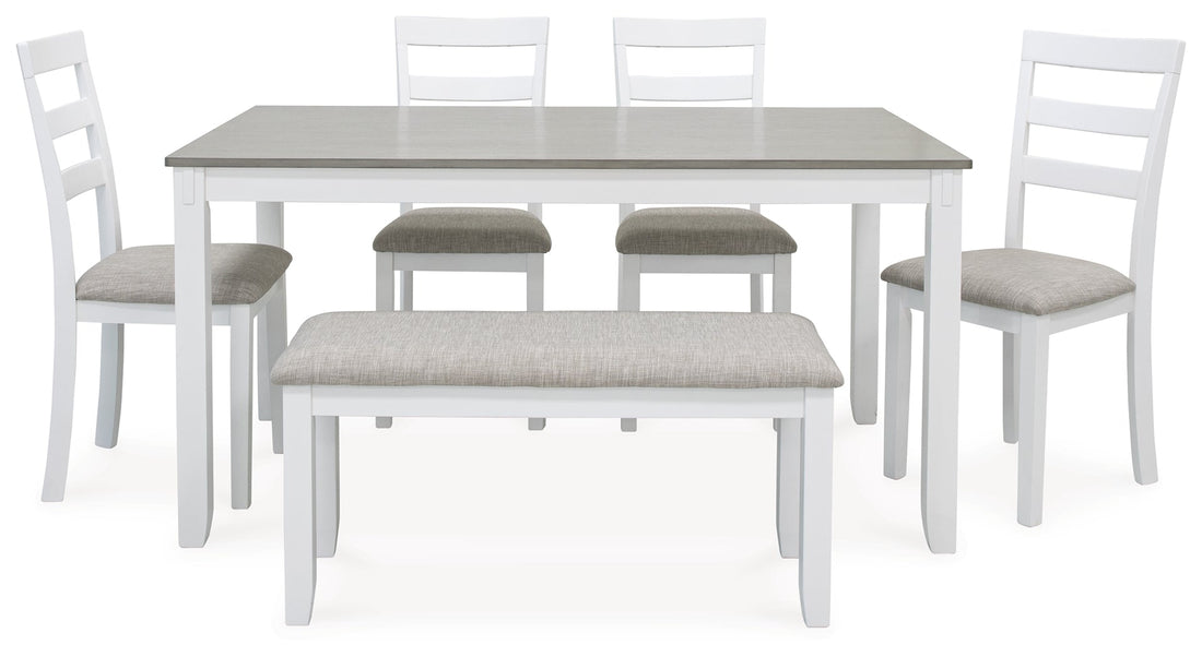 STONEHOLLOW White/Gray Dining Table and Chairs with Bench (Set of 6) - D382-325 - Bien Home Furniture &amp; Electronics