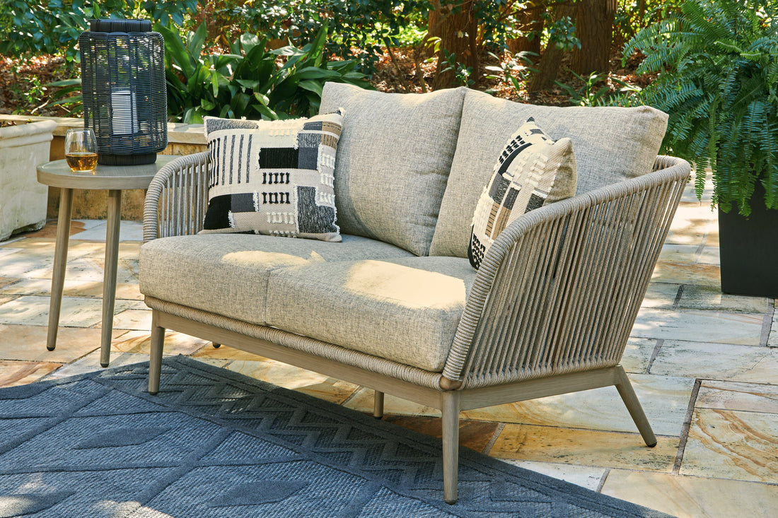 Swiss Valley Beige Outdoor Loveseat with Cushion - P390-835 - Bien Home Furniture &amp; Electronics
