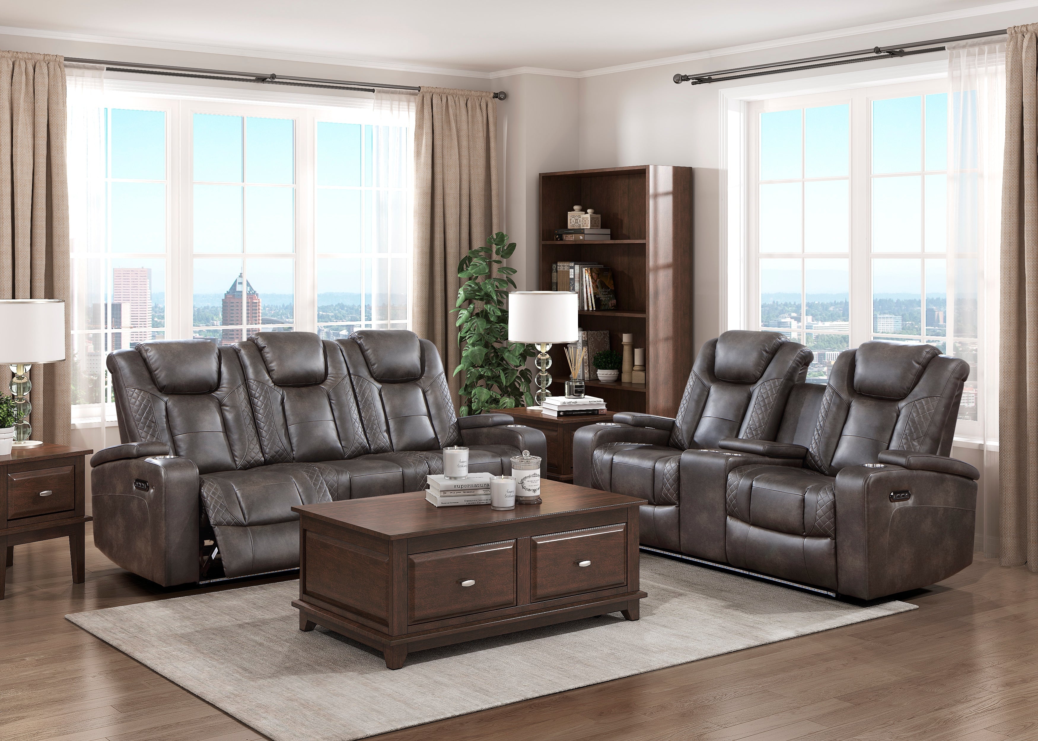 Tabor Dark Brown Power Double Reclining Sofa - 9211BRG-3PWH - Bien Home Furniture &amp; Electronics