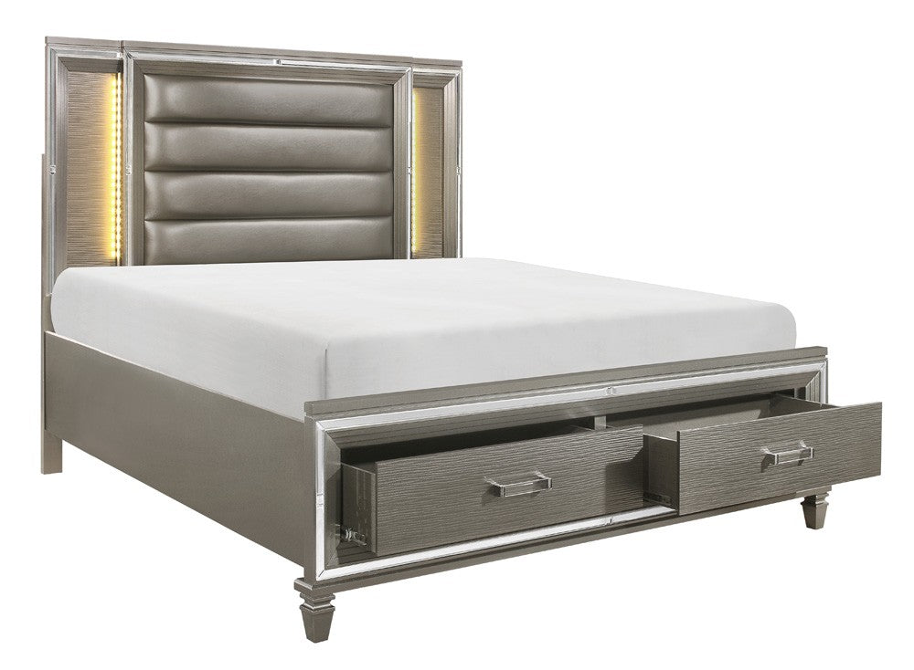 Tamsin Silver/Gray Metallic Queen LED Upholstered Storage Platform Bed - SET | 1616-1 | 1616-2 | 1616-3 - Bien Home Furniture &amp; Electronics