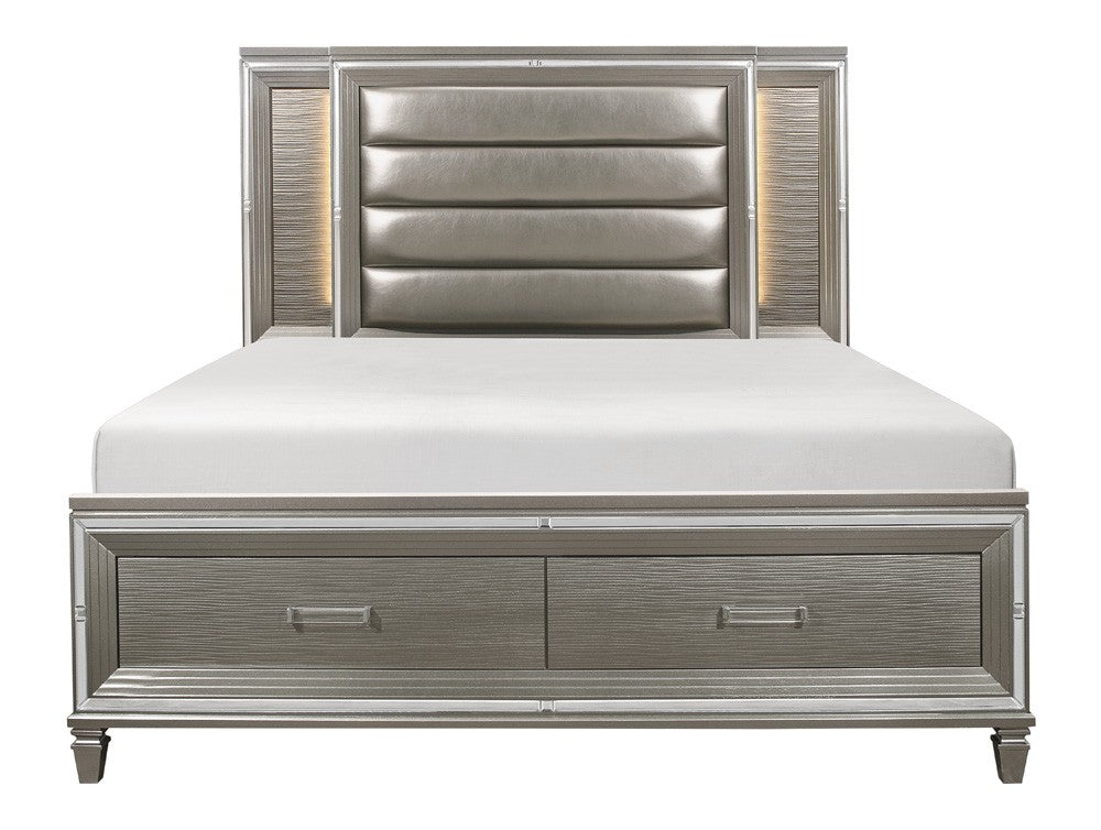 Tamsin Silver/Gray Metallic Queen LED Upholstered Storage Platform Bed - SET | 1616-1 | 1616-2 | 1616-3 - Bien Home Furniture &amp; Electronics