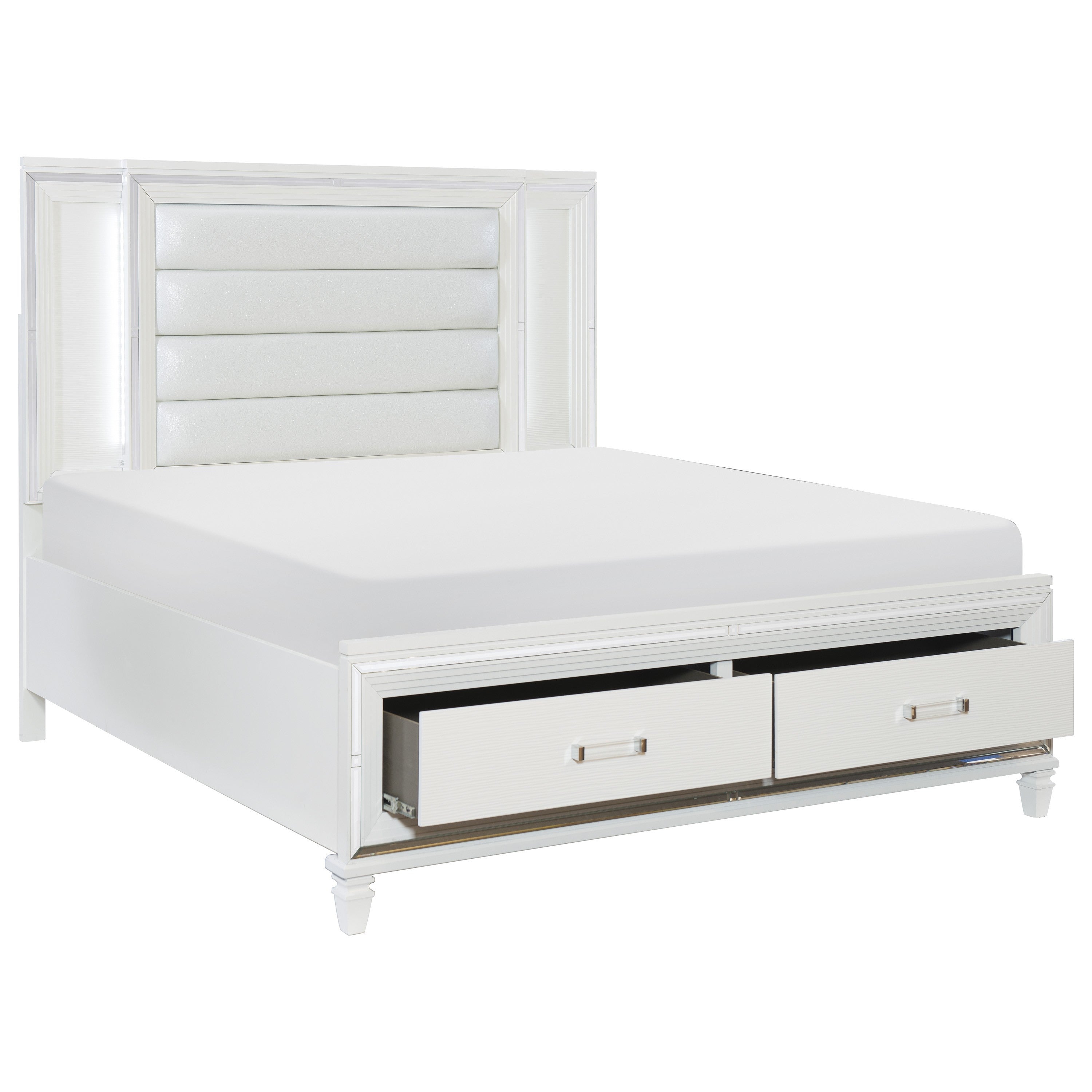 Tamsin White Queen LED Upholstered Storage Platform Bed - SET | 1616W-1 | 1616W-2 | 1616W-3 - Bien Home Furniture &amp; Electronics