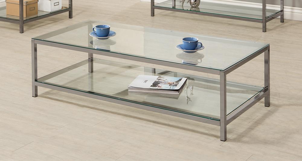 Trini Black Nickel Coffee Table with Glass Shelf - 720228 - Bien Home Furniture &amp; Electronics