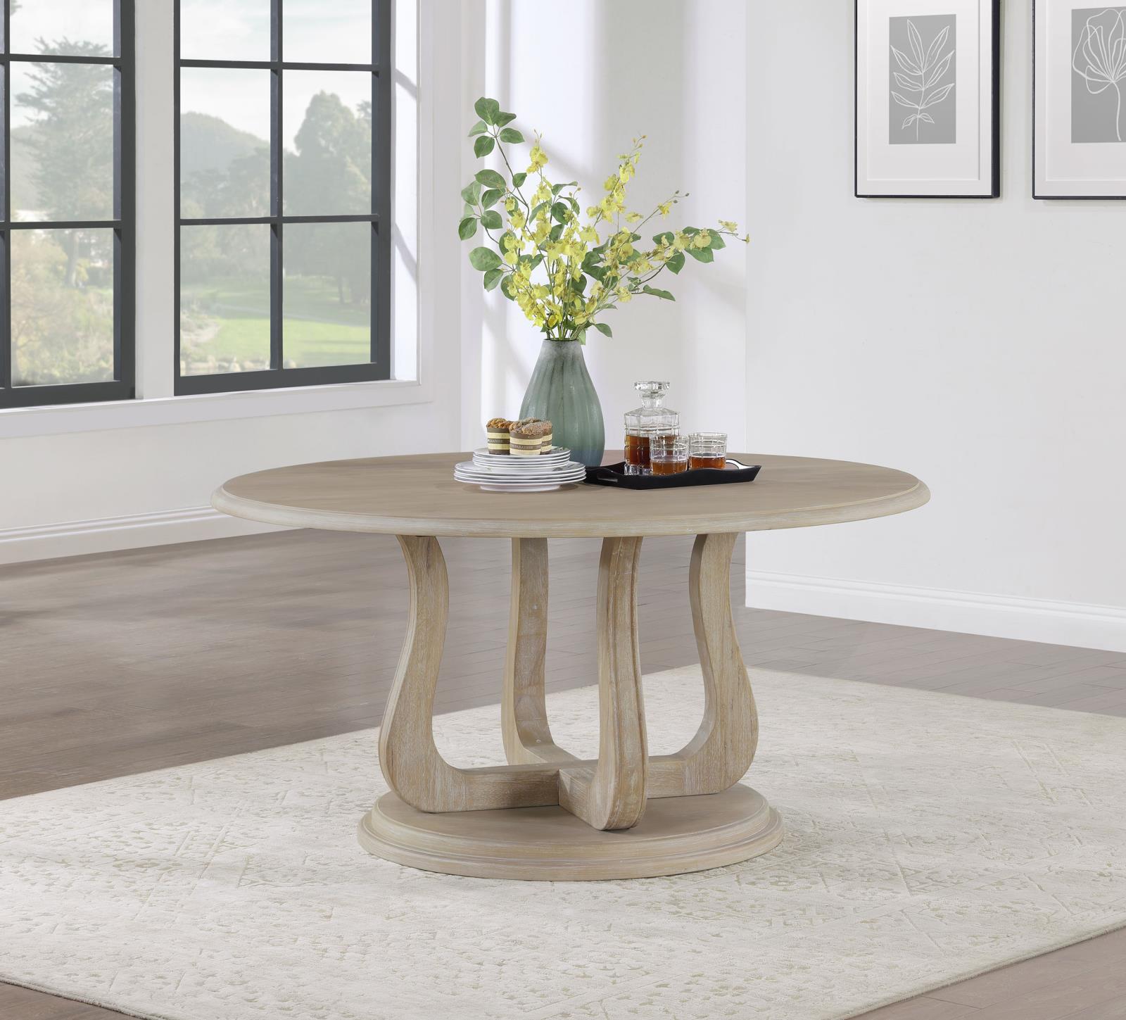 Trofello Round Dining Table with Curved Pedestal Base White Washed - 123120 - Bien Home Furniture &amp; Electronics