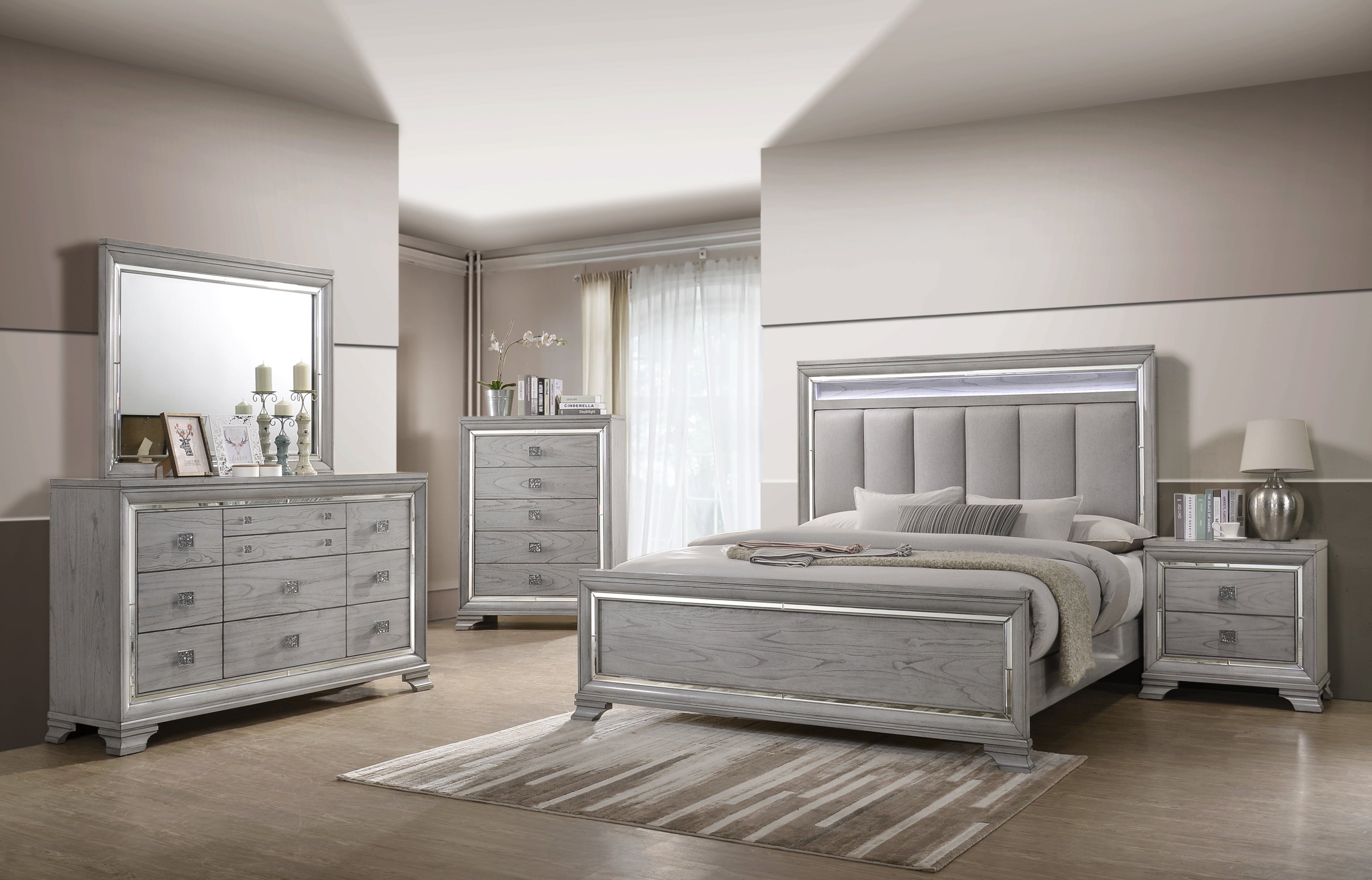 Vail Gray LED Upholstered Panel Bedroom Set - SET | B7200-K-HB | B7200-K-FB | B7200-KQ-RAIL | B7200-1 | B7200-11 | B7200-2 | B7200-4 - Bien Home Furniture &amp; Electronics