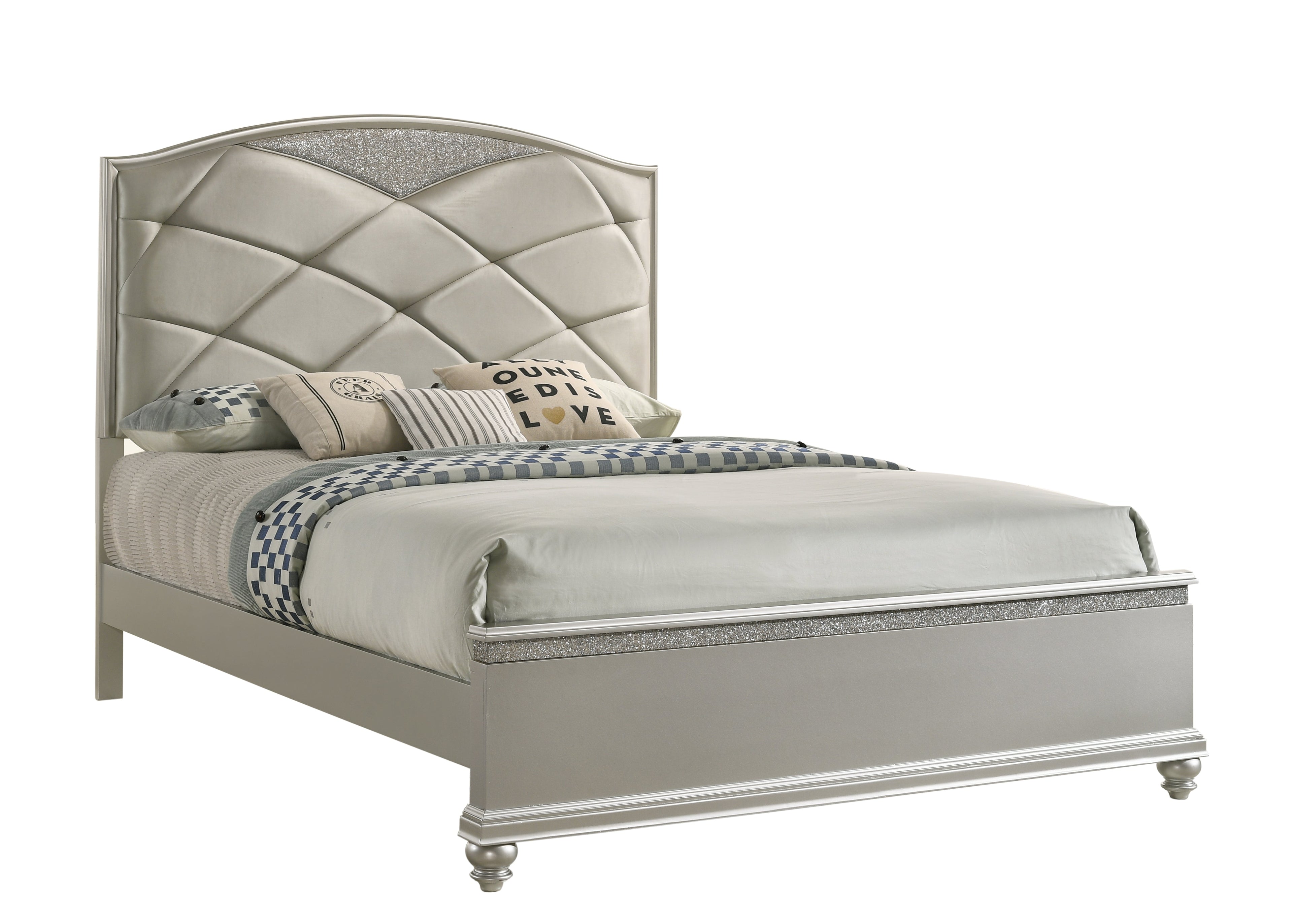 Valiant Champagne Silver Queen Upholstered Panel Bed - SET | B4780-Q-HB | B4780-Q-FB | B4780-KQ-RAIL - Bien Home Furniture &amp; Electronics