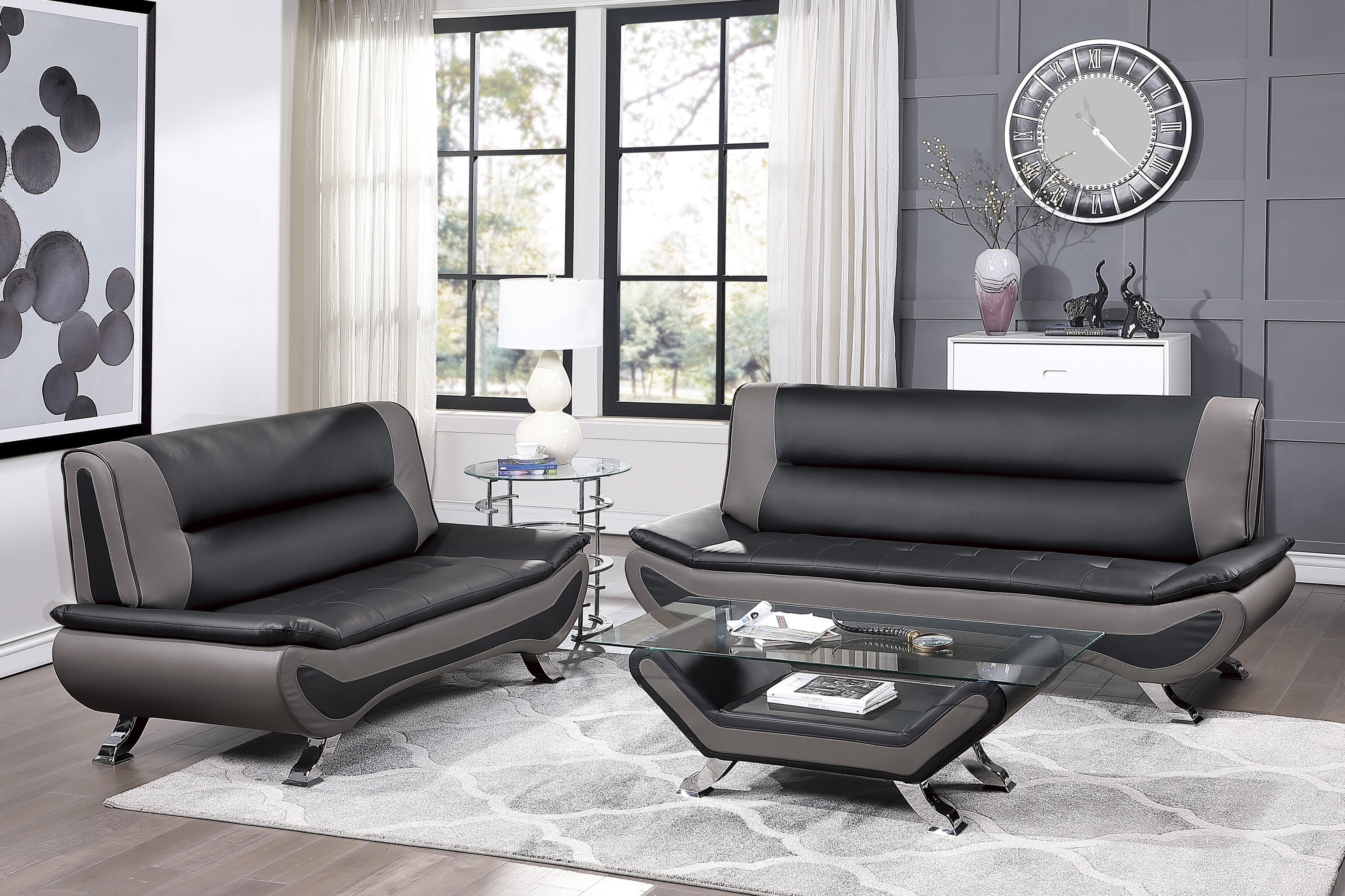 Veloce Black/Gray Faux Leather Sofa - 8219BLK-3 - Bien Home Furniture &amp; Electronics