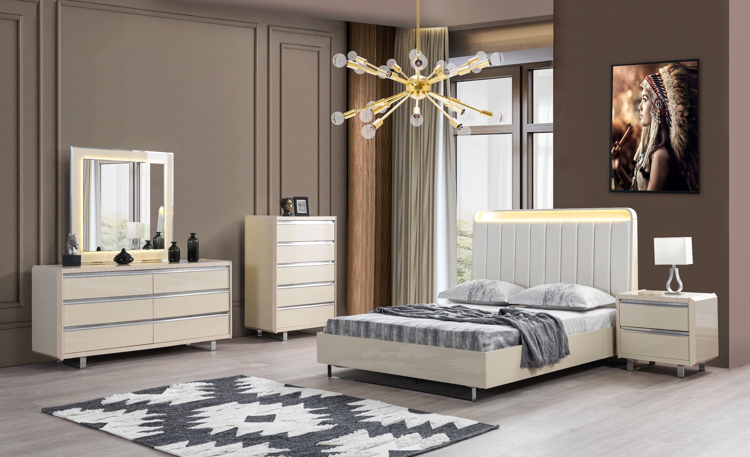 Viola Cream High Gloss Lacquer 4-Piece Queen Bedroom Set - VIOLABEDROOM-4PCQ - Bien Home Furniture &amp; Electronics