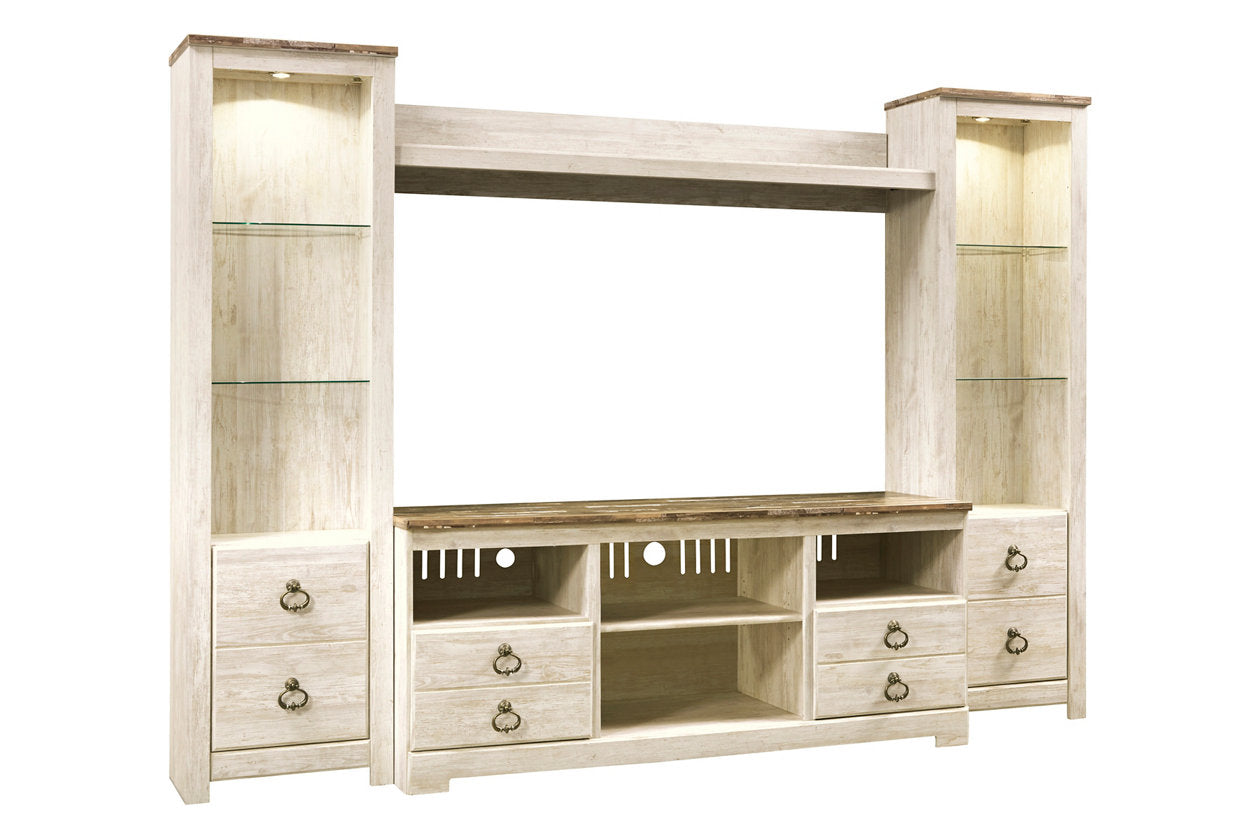 Willowton Whitewash 4-Piece Entertainment Center - SET | W267-24(2) | W267-27 | W267-68 - Bien Home Furniture &amp; Electronics