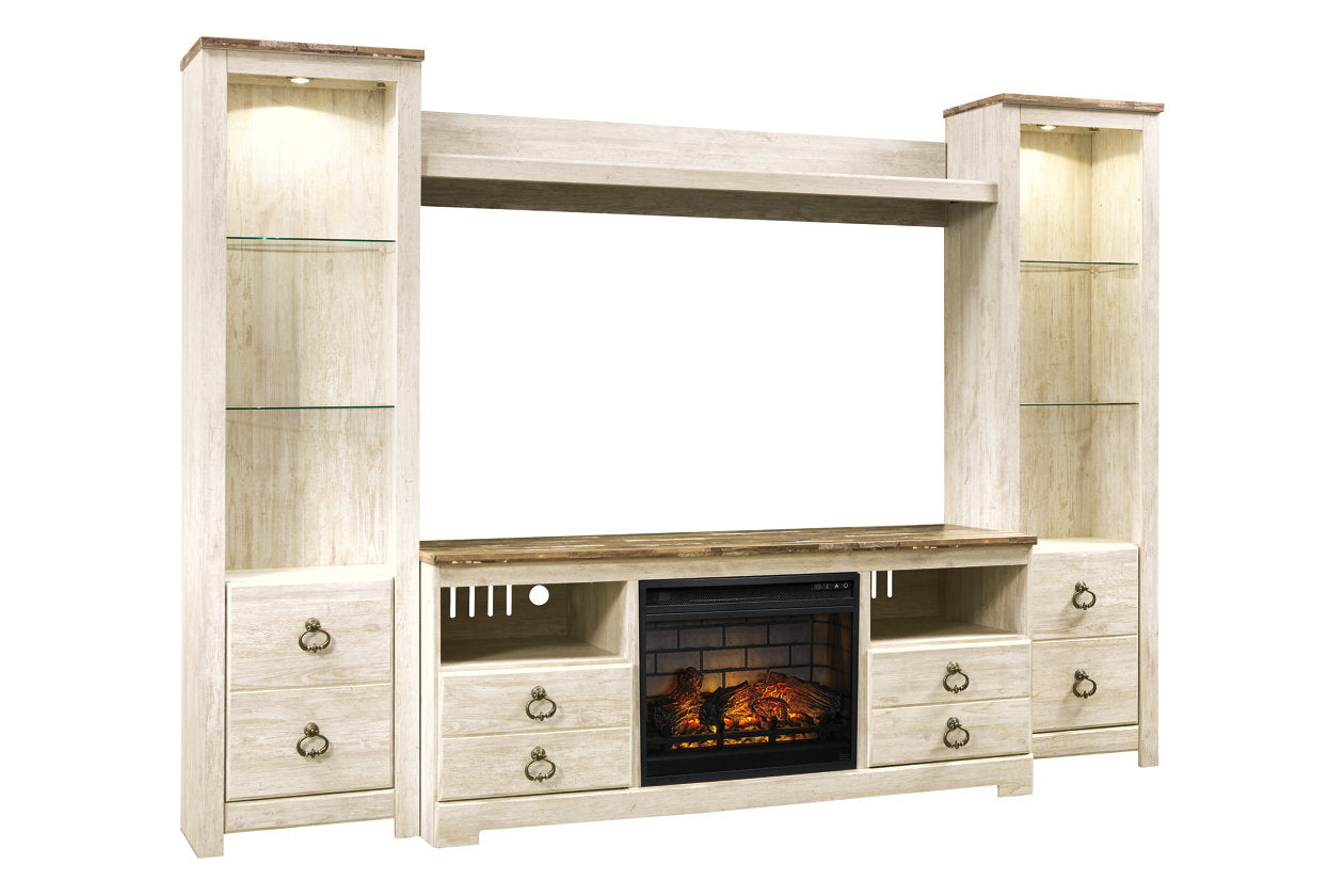 Willowton Whitewash 4-Piece Entertainment Center with Electric Fireplace - SET | W100-101 | W267-24(2) | W267-27 | W267-68 - Bien Home Furniture &amp; Electronics