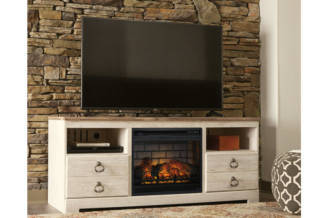 Willowton Whitewash 64&quot; TV Stand with Electric Fireplace - SET | W100-101 | W267-68 - Bien Home Furniture &amp; Electronics